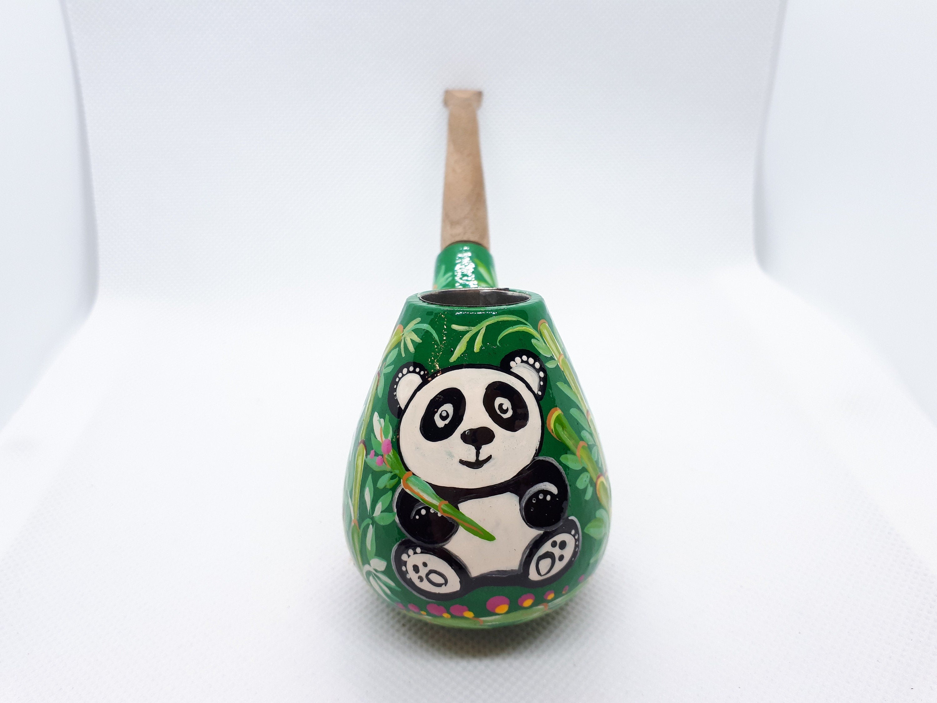 Painted Wooden Smoking Pipe - Panda in Tropics Tobacco Pipe Handmade in Ukraine