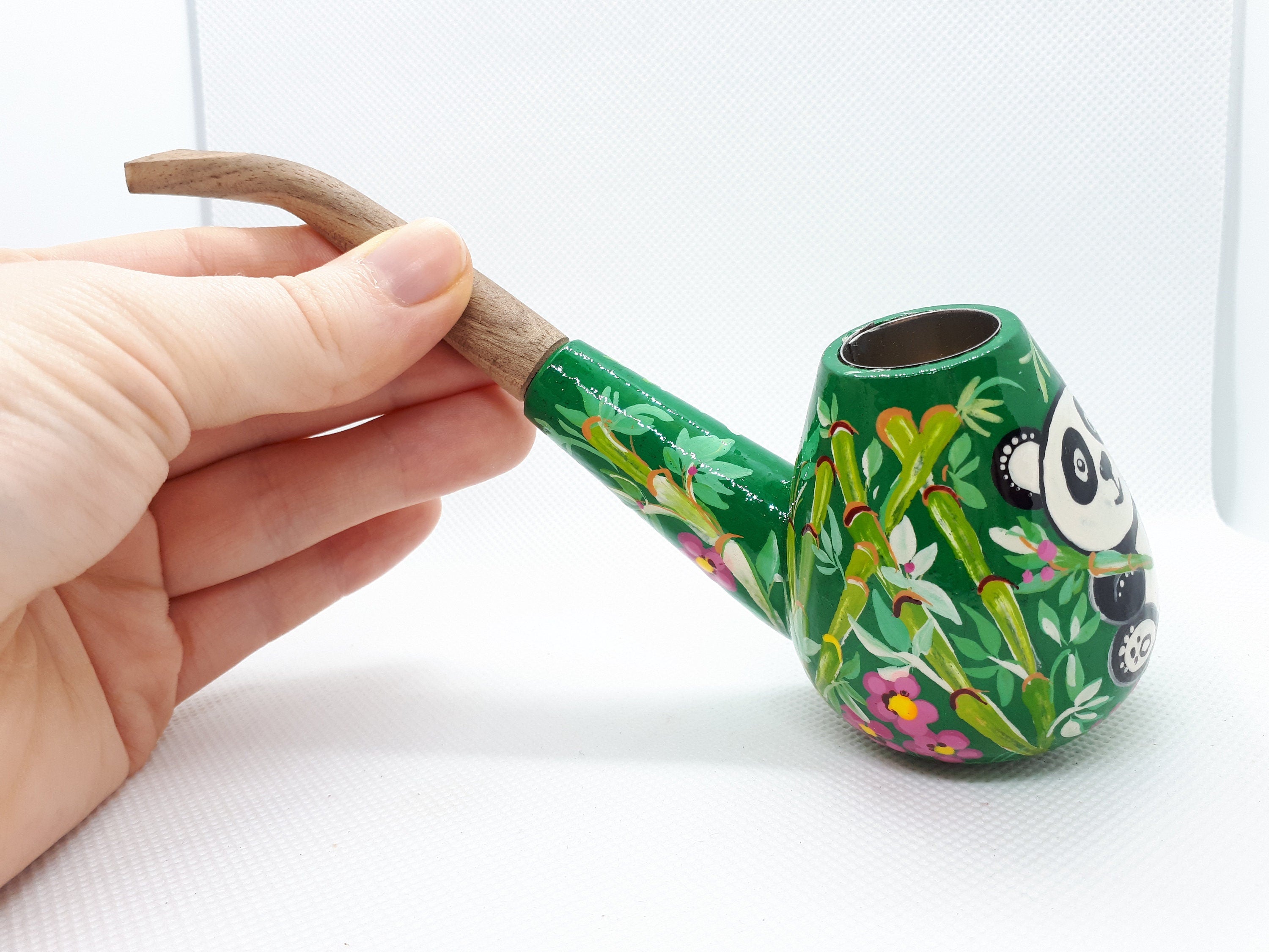 Painted Wooden Smoking Pipe - Panda in Tropics Tobacco Pipe Handmade in Ukraine