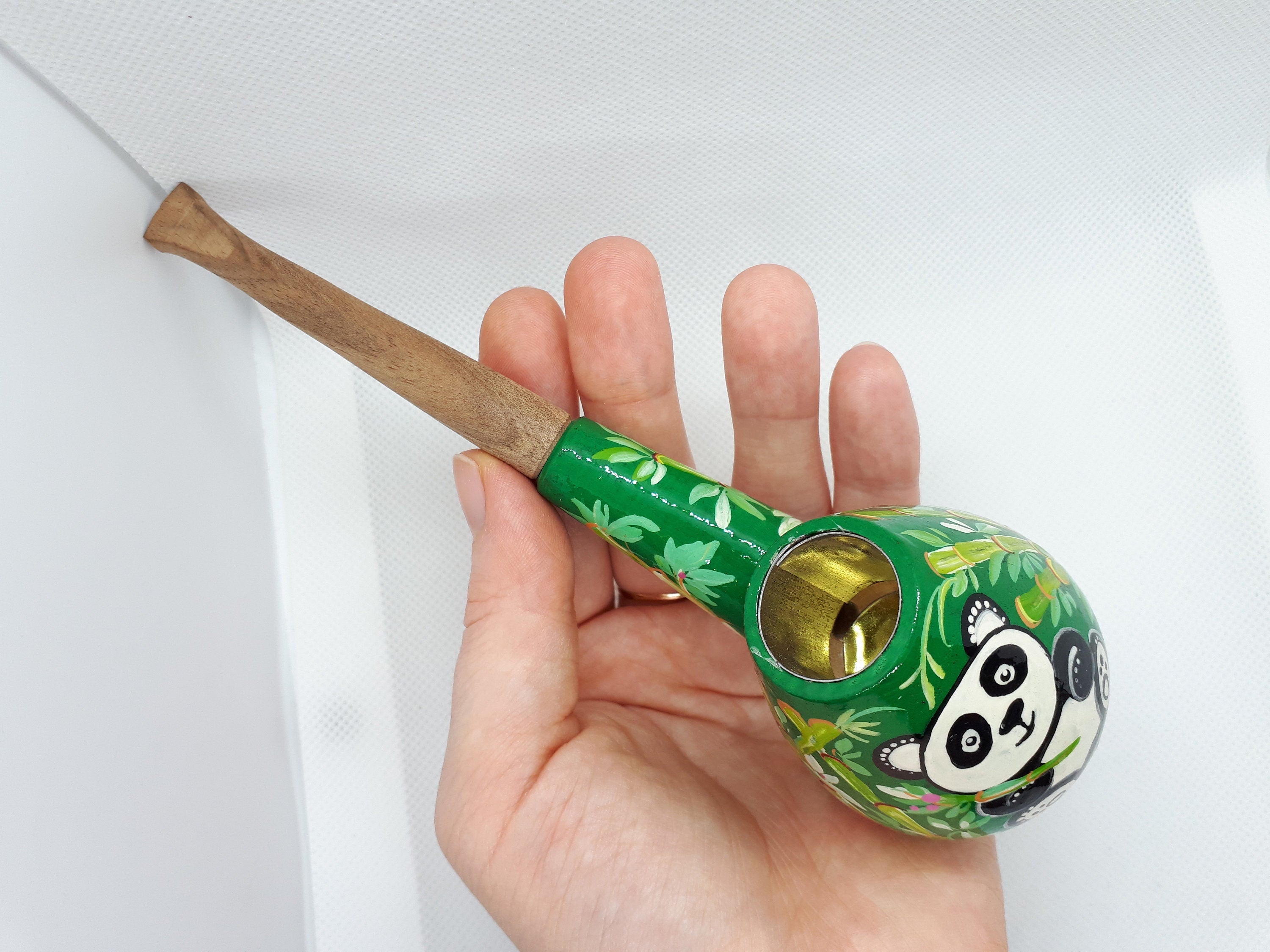 Painted Wooden Smoking Pipe - Panda in Tropics Tobacco Pipe Handmade in Ukraine