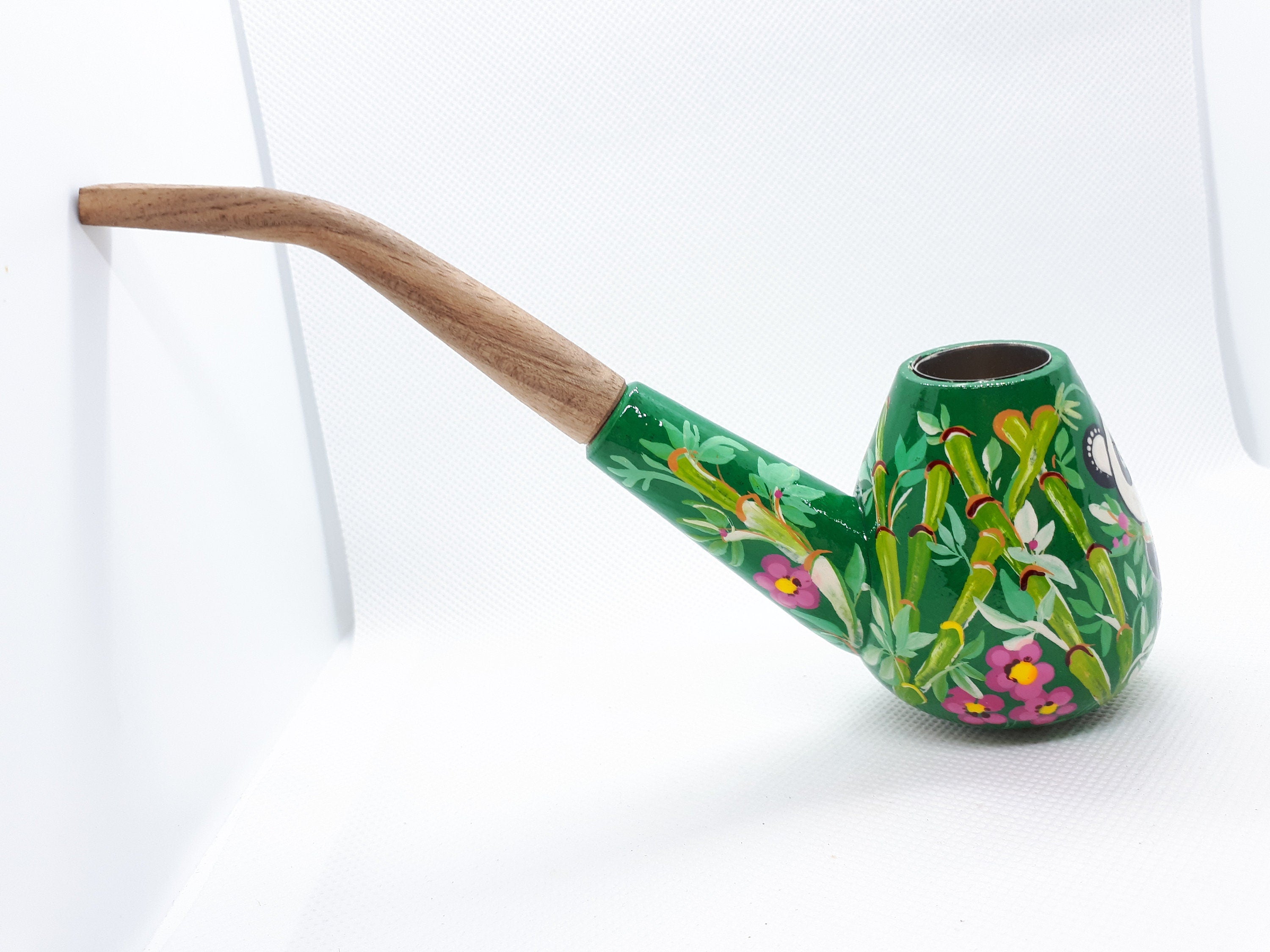 Painted Wooden Smoking Pipe - Panda in Tropics Tobacco Pipe Handmade in Ukraine