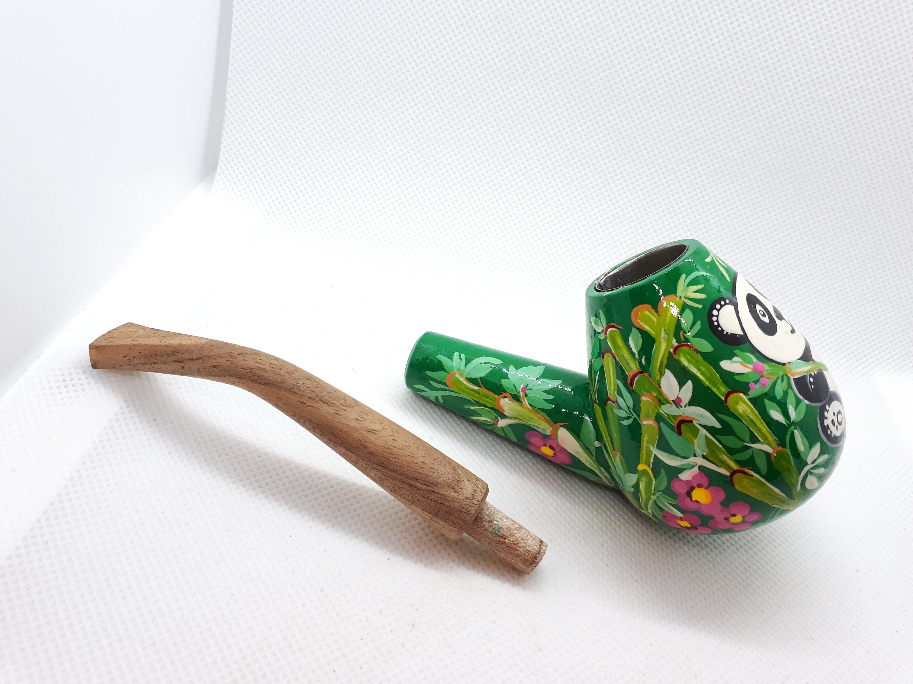 Painted Wooden Smoking Pipe - Panda in Tropics Tobacco Pipe Handmade in Ukraine