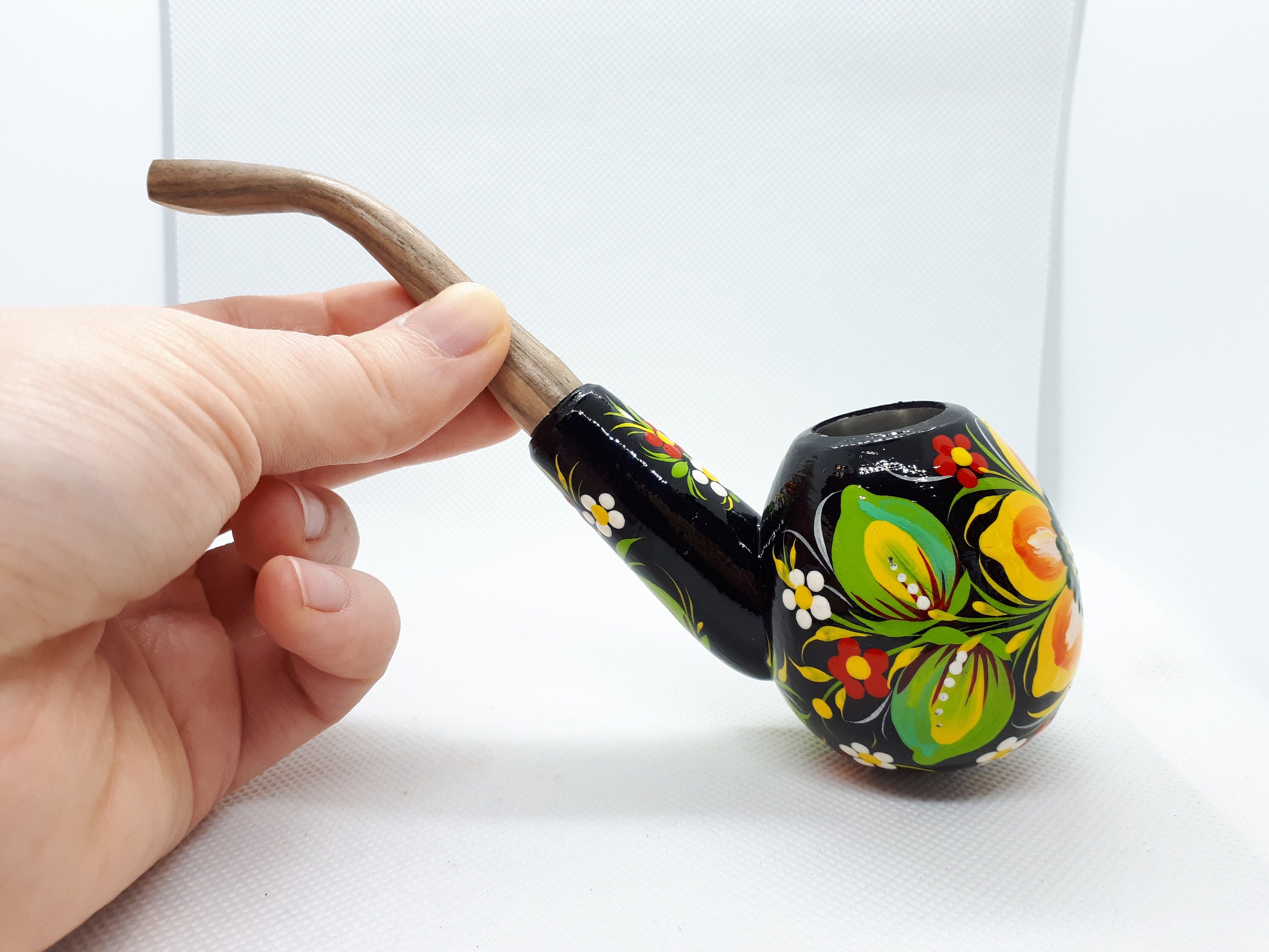Painted Wooden Sunflower Smoking Pipe - Tobacco Pipe with Ukrainian Folk Art Petrykivka