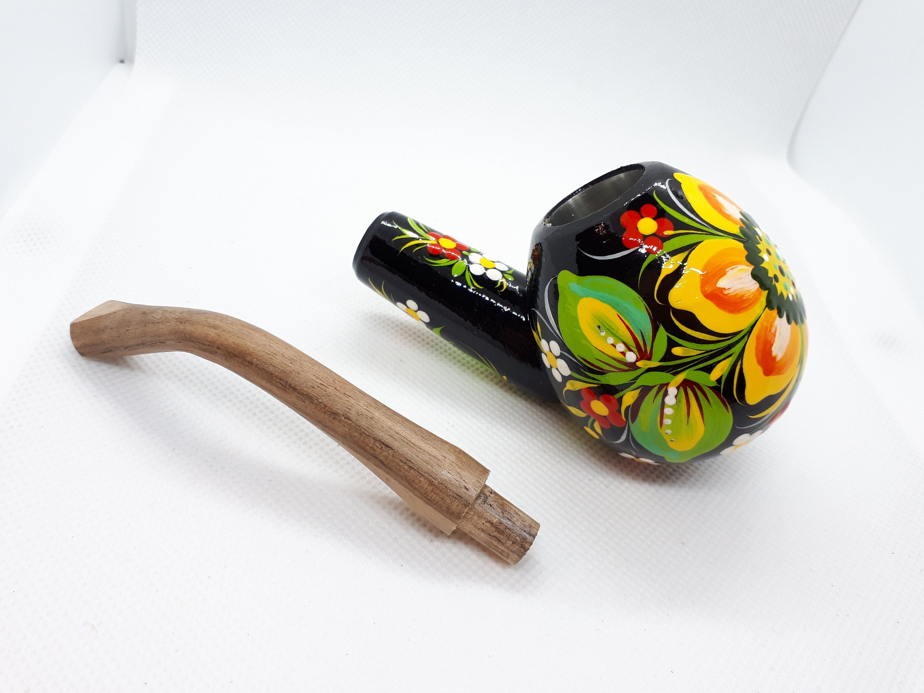 Painted Wooden Sunflower Smoking Pipe - Tobacco Pipe with Ukrainian Folk Art Petrykivka