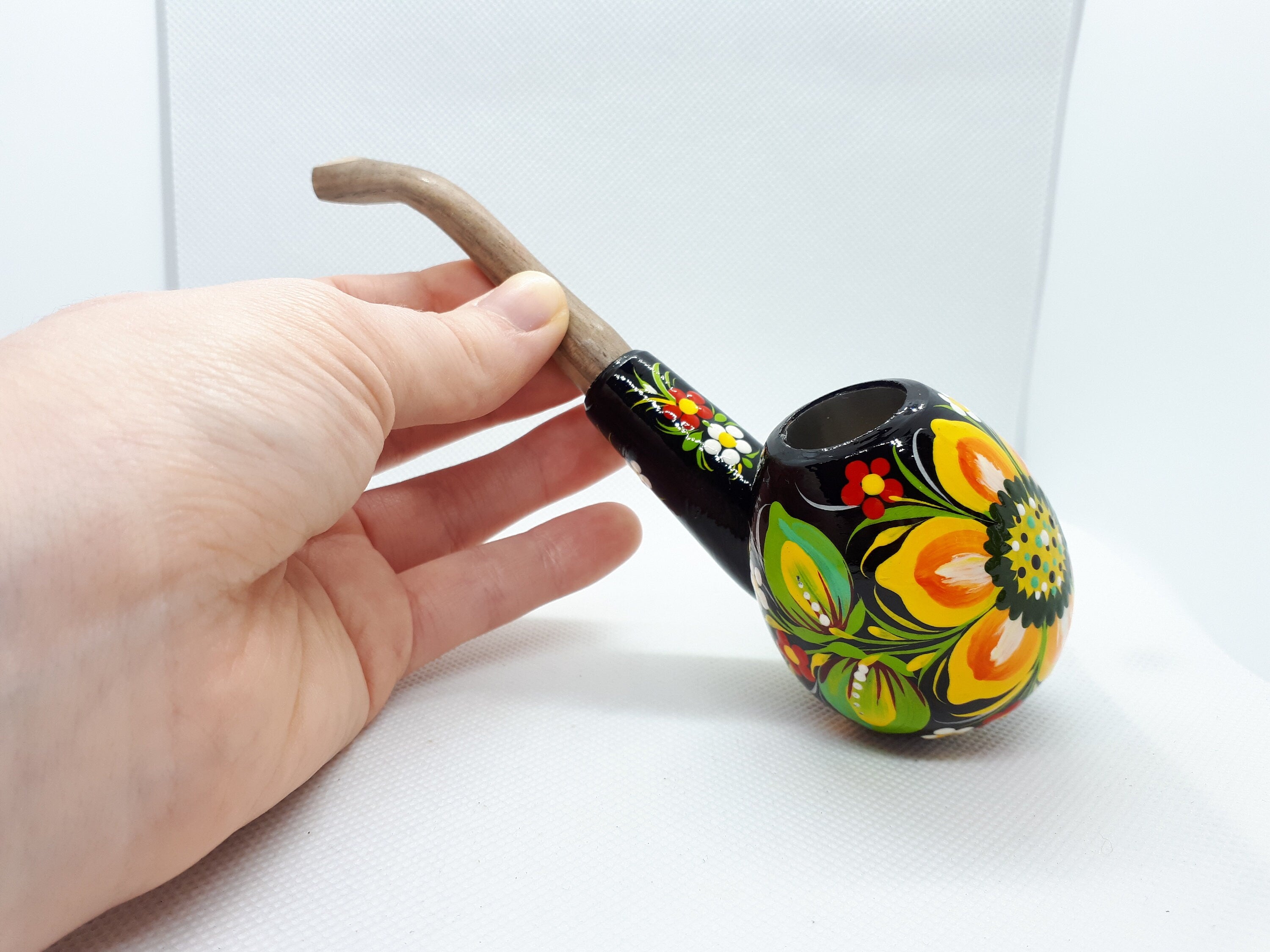Painted Wooden Sunflower Smoking Pipe - Tobacco Pipe with Ukrainian Folk Art Petrykivka