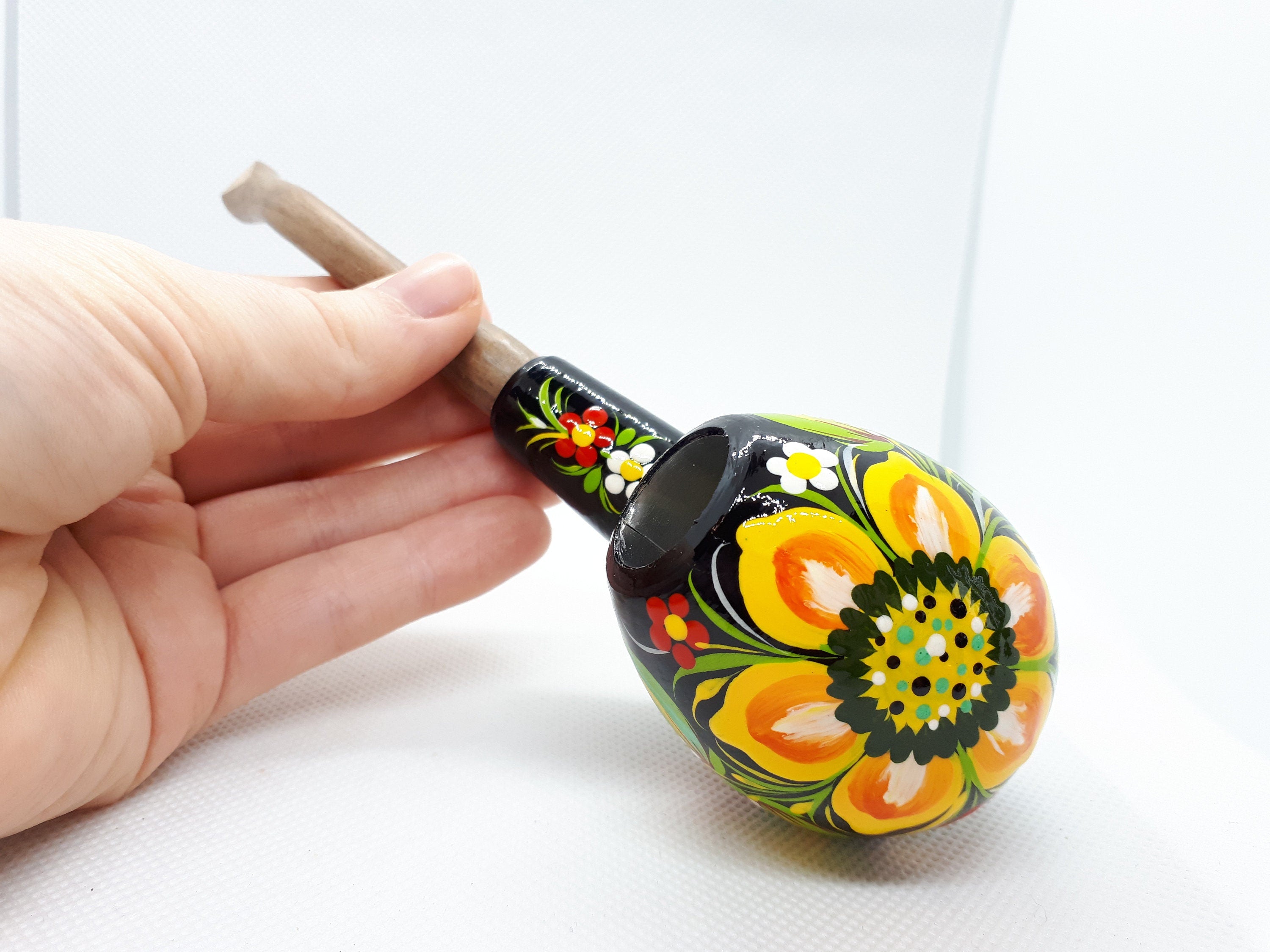 Painted Wooden Sunflower Smoking Pipe - Tobacco Pipe with Ukrainian Folk Art Petrykivka
