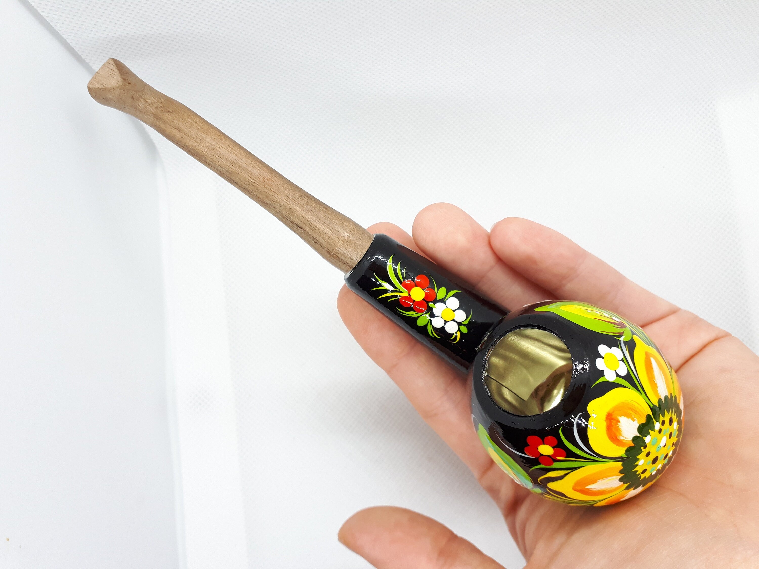 Painted Wooden Sunflower Smoking Pipe - Tobacco Pipe with Ukrainian Folk Art Petrykivka