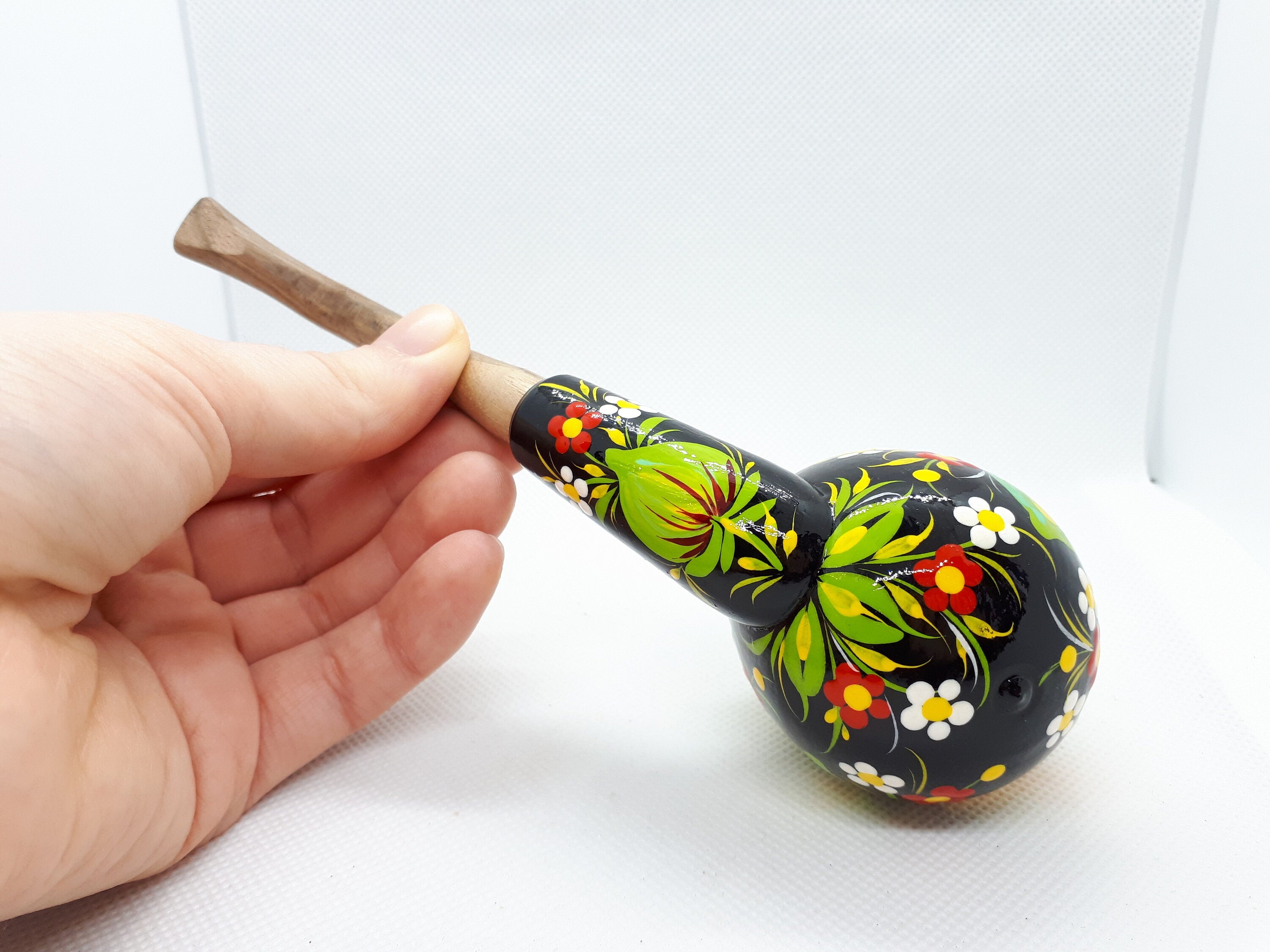 Painted Wooden Sunflower Smoking Pipe - Tobacco Pipe with Ukrainian Folk Art Petrykivka