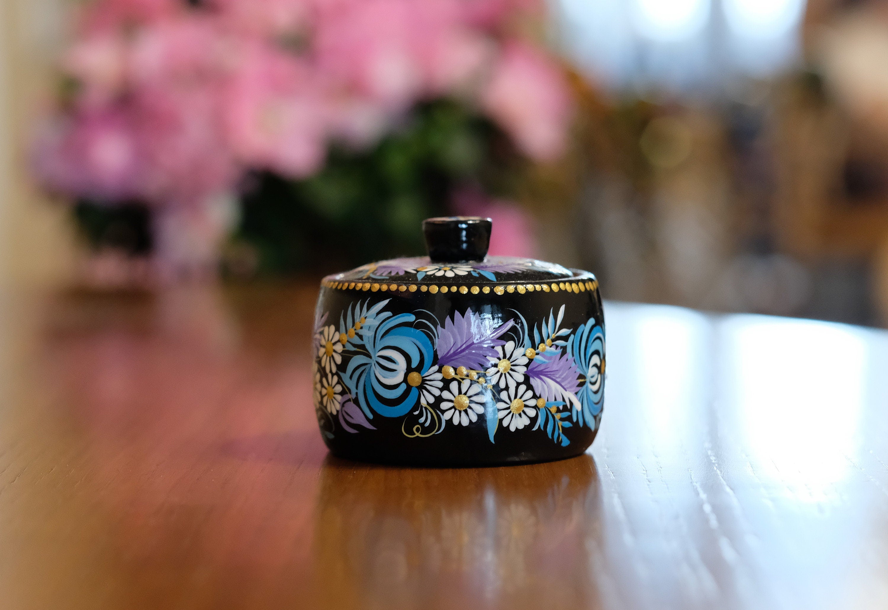 Wooden Salt Cellar with Lid - Artisanal Hand-painted Blue Flower Salt pot, Petrykivka Art