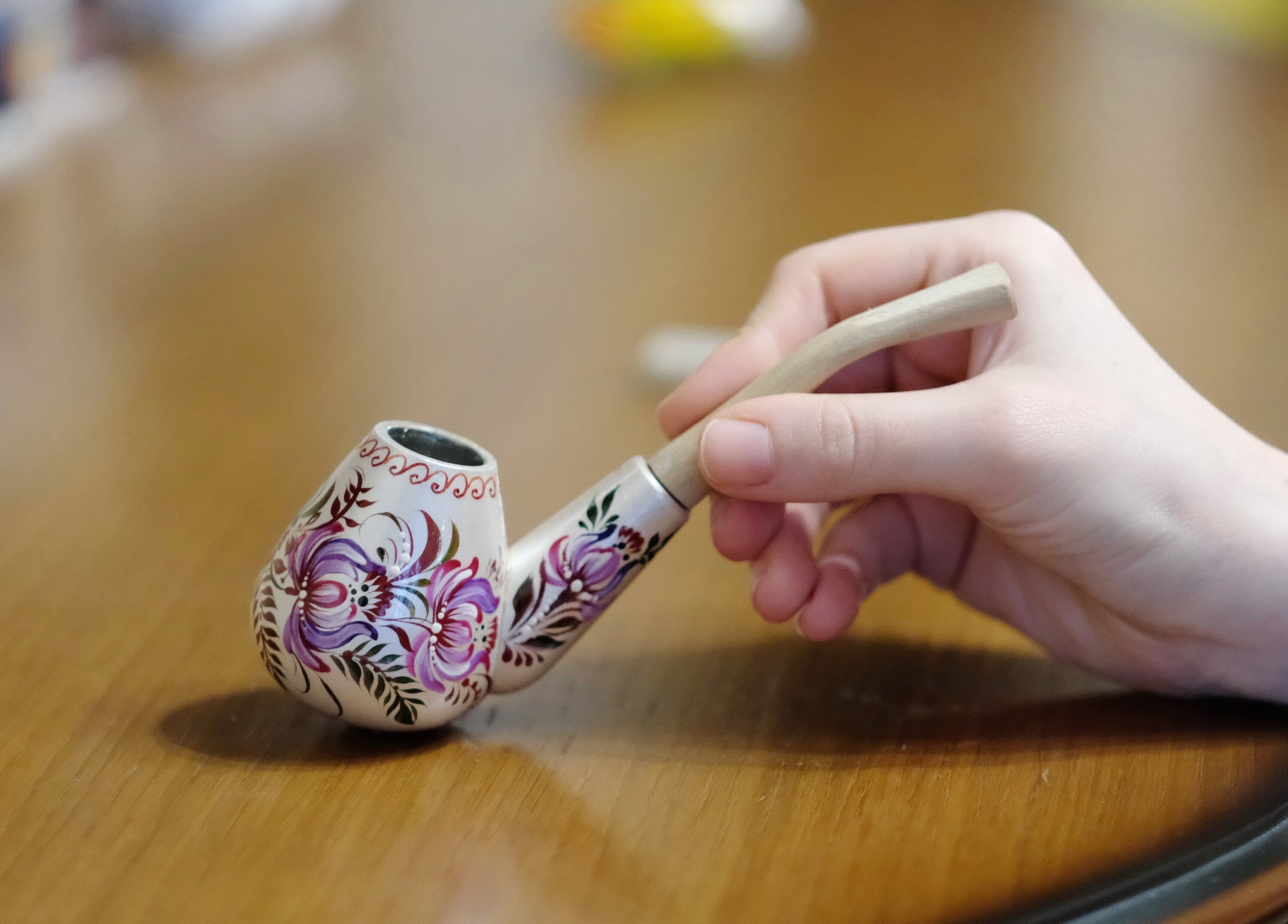 Wooden Tobacco Smoking Pipe Hand-painted with Ukrainian Folk Art Petrykivka - Purple Flower Pipe