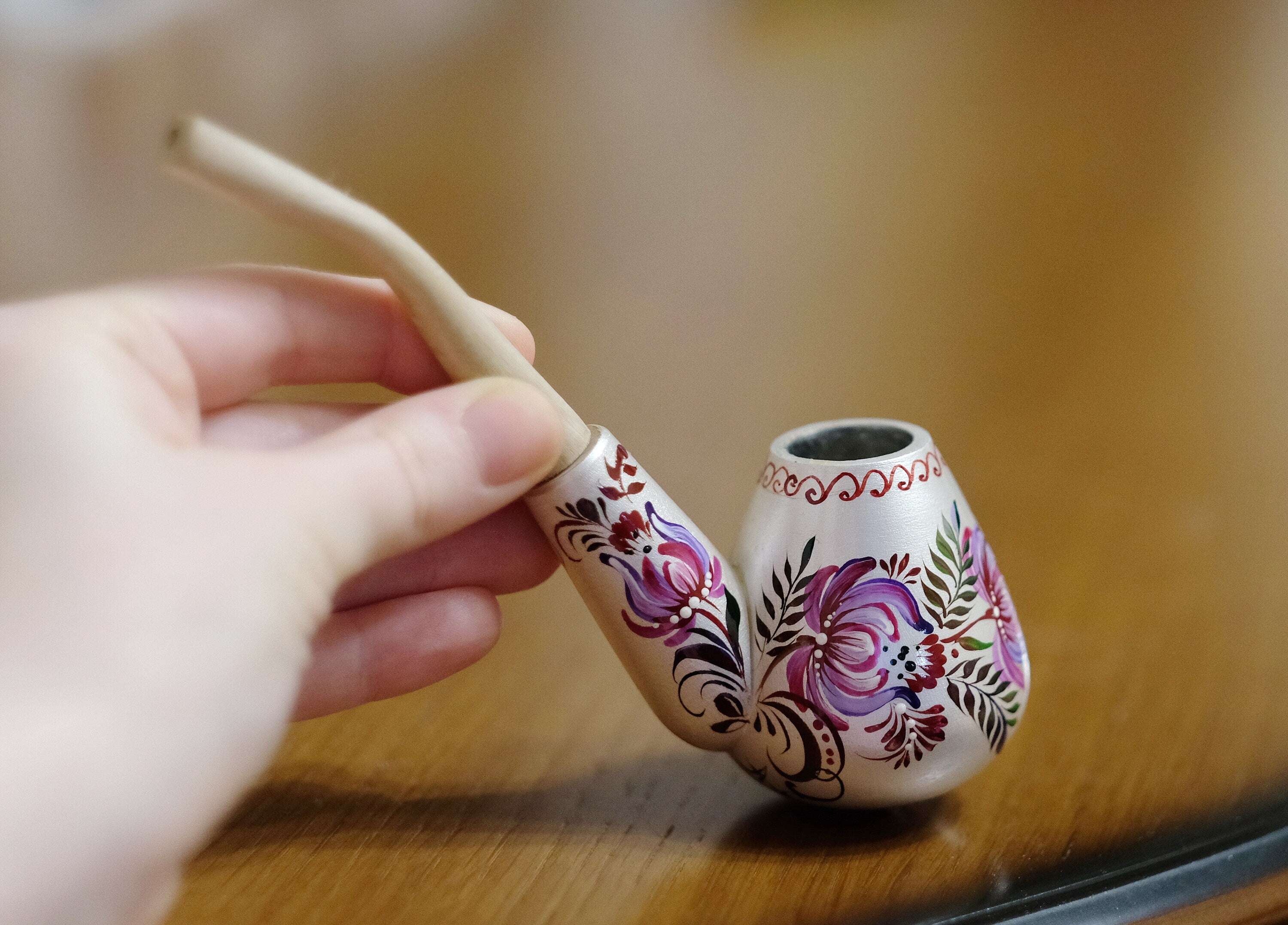Wooden Tobacco Smoking Pipe Hand-painted with Ukrainian Folk Art Petrykivka - Purple Flower Pipe