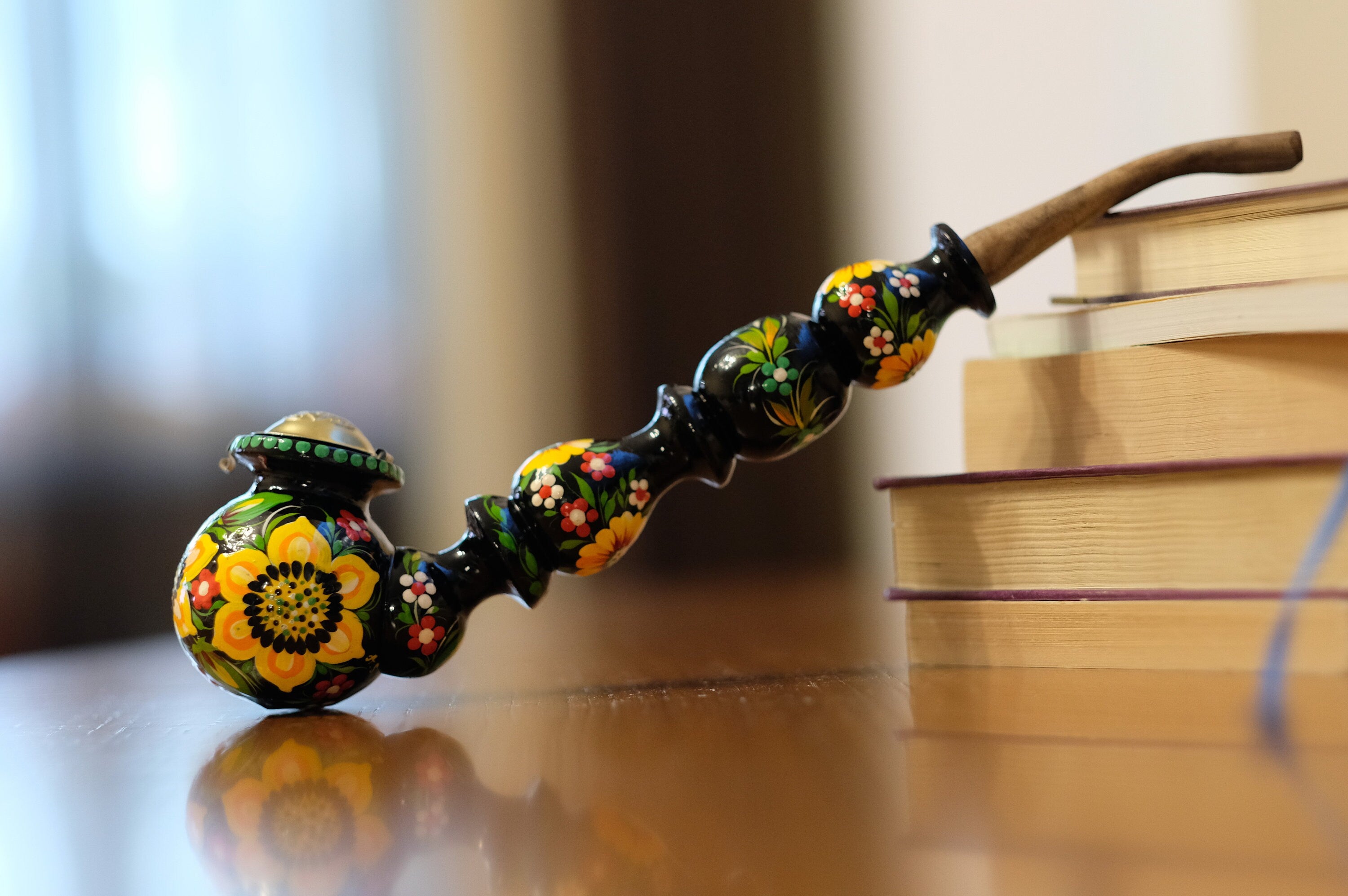 Painted Wooden Smoking Pipe with Lid - Long Sunflower Tobacco Pipe with Ukrainian Folk Art Petrykivka