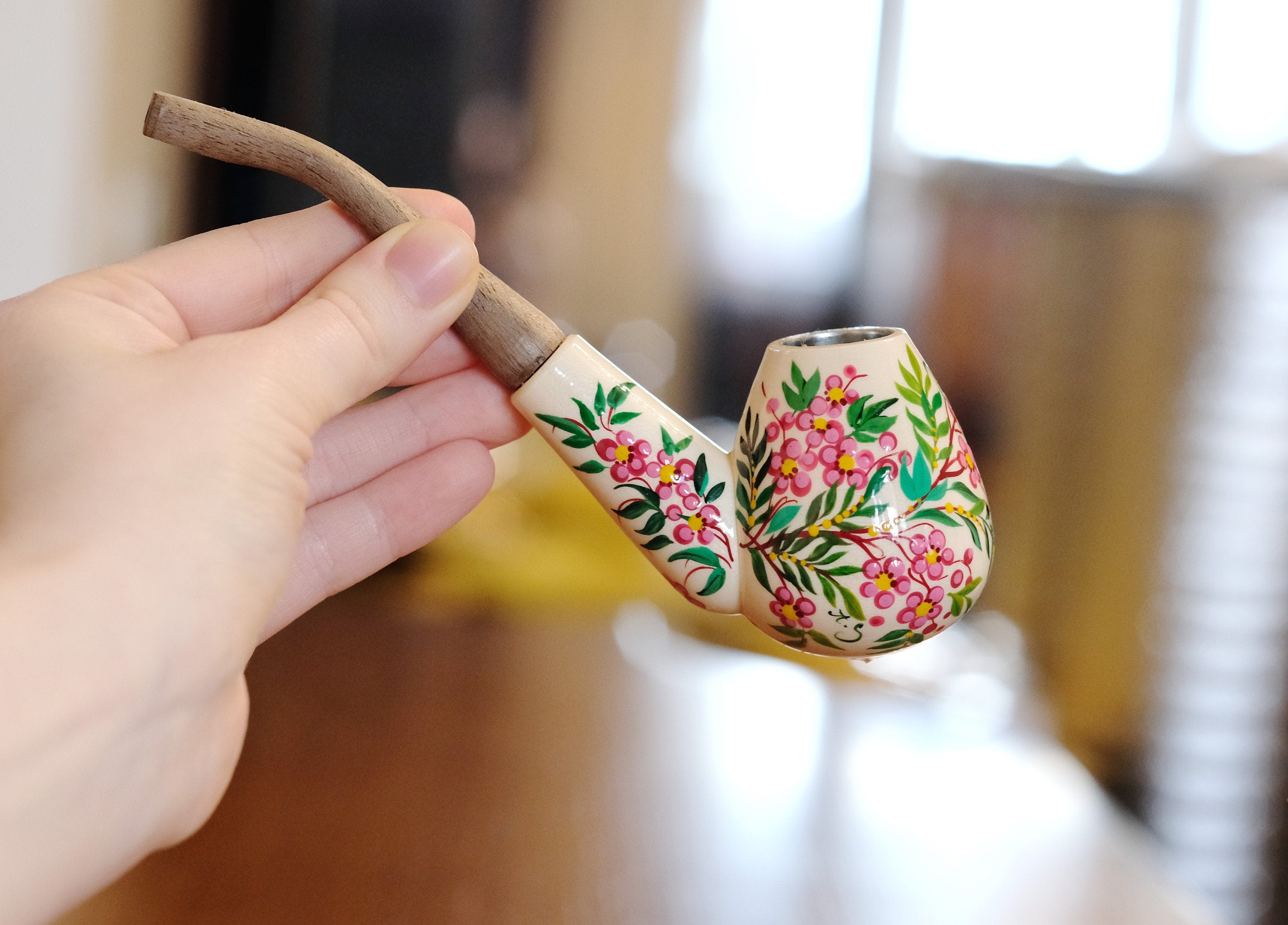 Wooden Tobacco Smoking Pipe - Painted Cherry Blossom Pipe with Ukrainian Folk Art Petrykivka