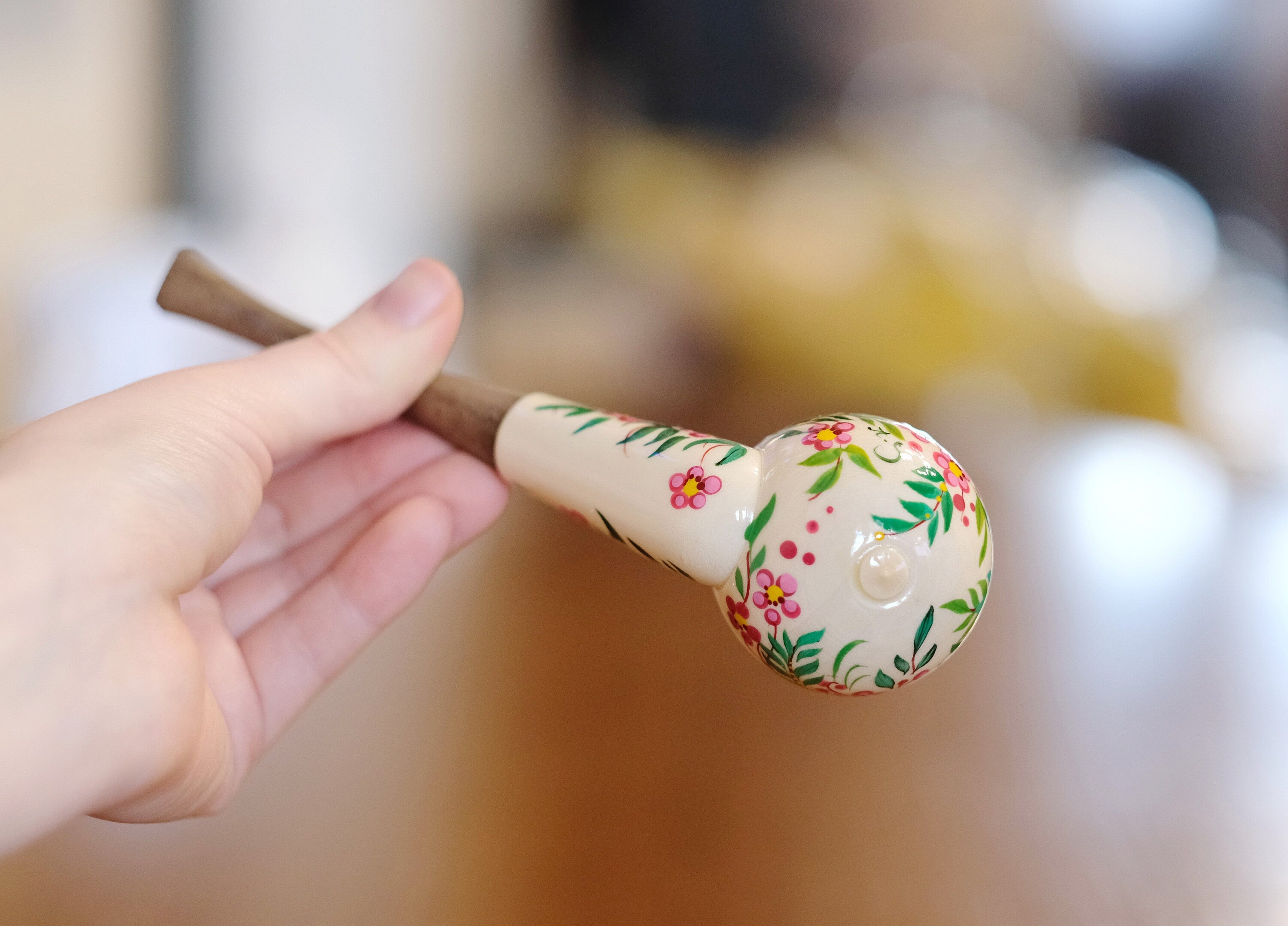 Wooden Tobacco Smoking Pipe - Painted Cherry Blossom Pipe with Ukrainian Folk Art Petrykivka