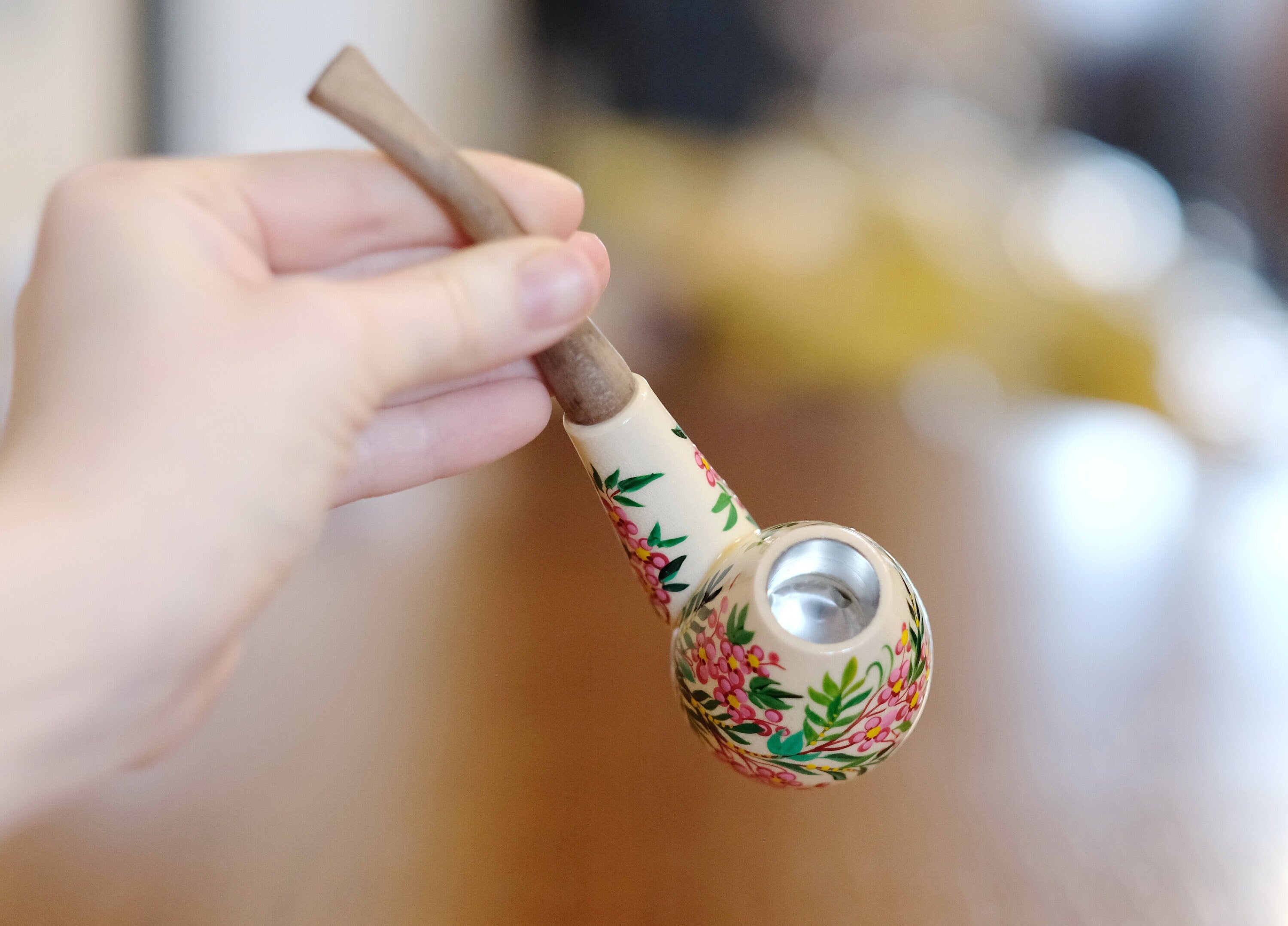 Wooden Tobacco Smoking Pipe - Painted Cherry Blossom Pipe with Ukrainian Folk Art Petrykivka
