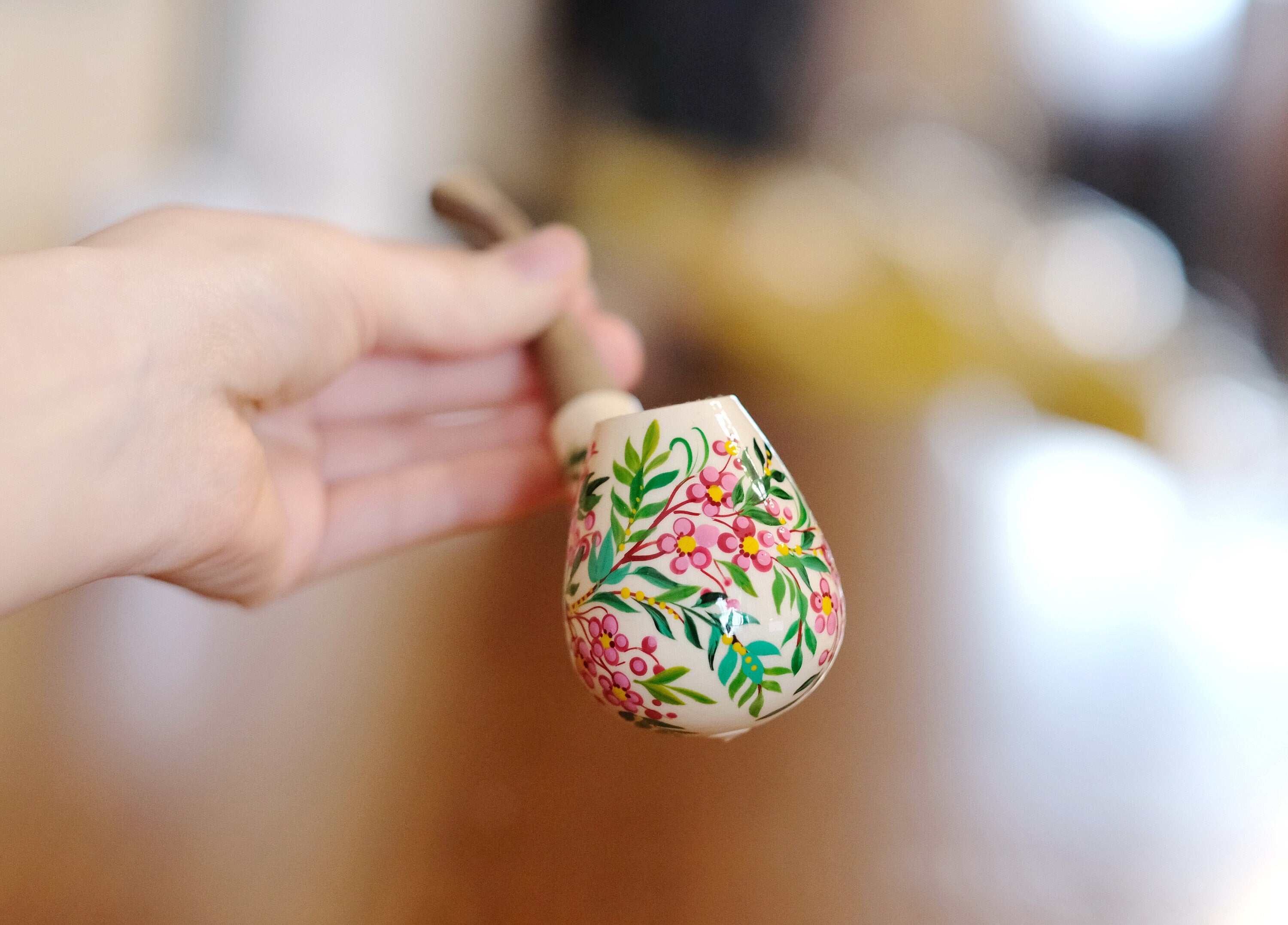 Wooden Tobacco Smoking Pipe - Painted Cherry Blossom Pipe with Ukrainian Folk Art Petrykivka