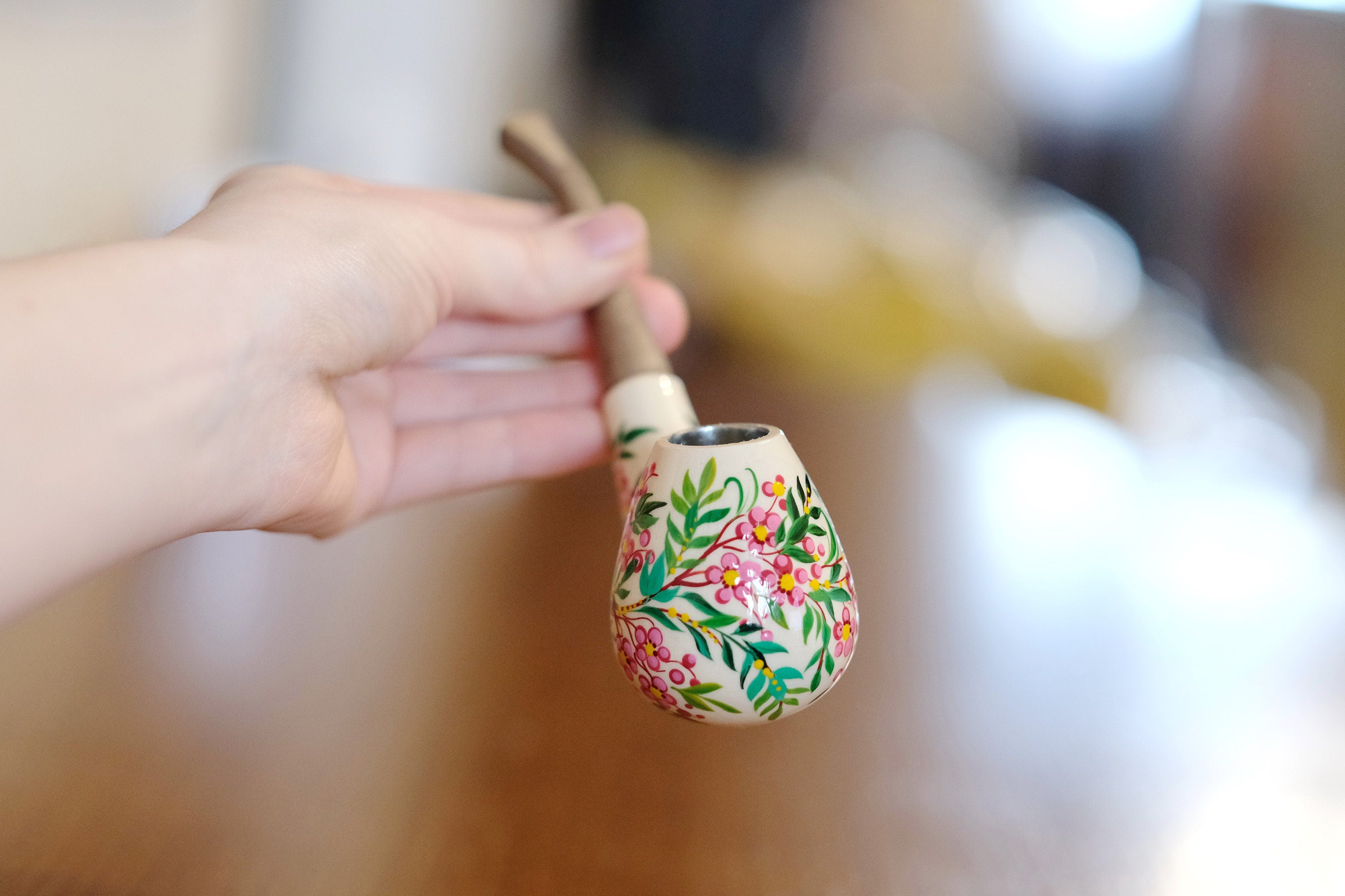 Wooden Tobacco Smoking Pipe - Painted Cherry Blossom Pipe with Ukrainian Folk Art Petrykivka