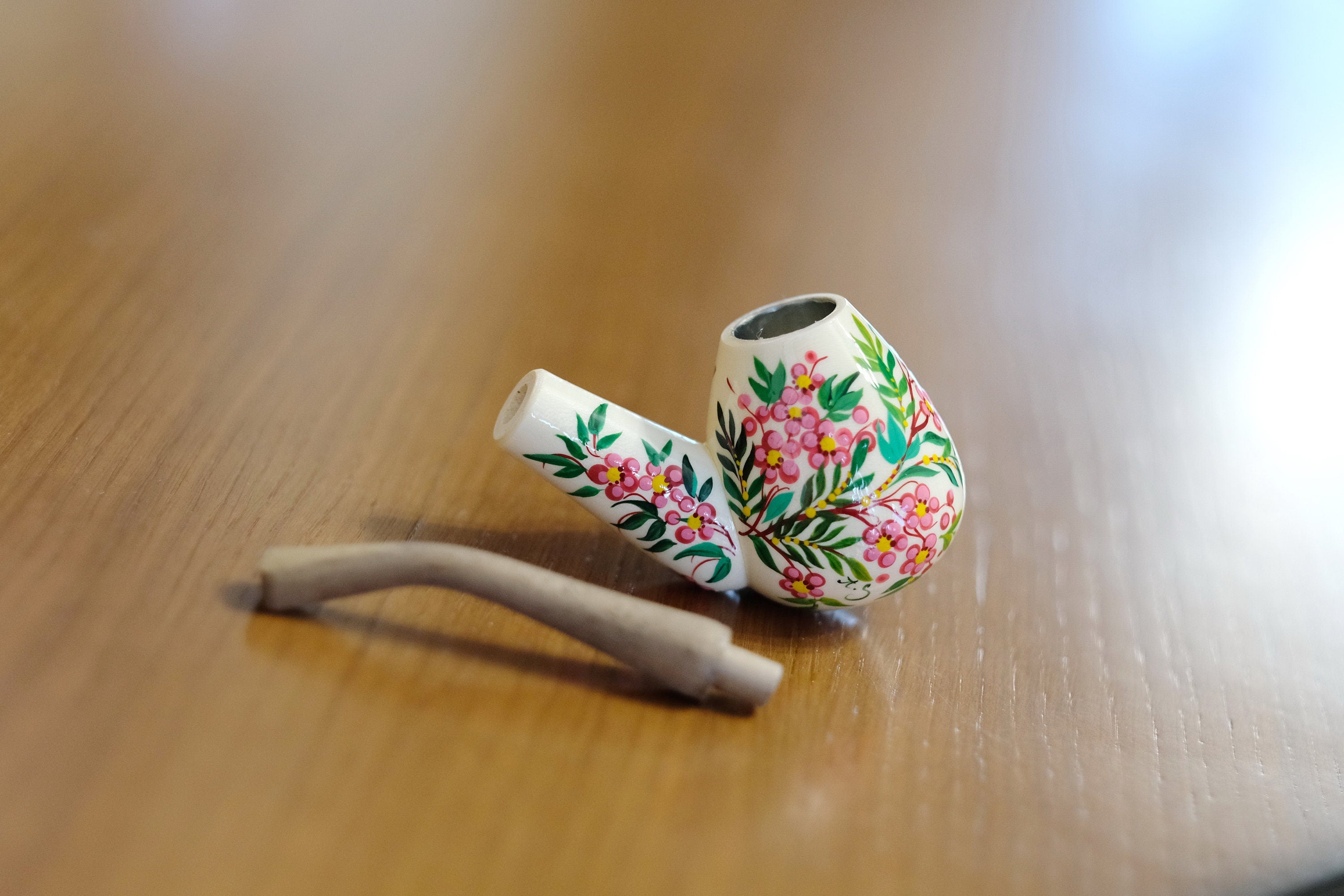 Wooden Tobacco Smoking Pipe - Painted Cherry Blossom Pipe with Ukrainian Folk Art Petrykivka