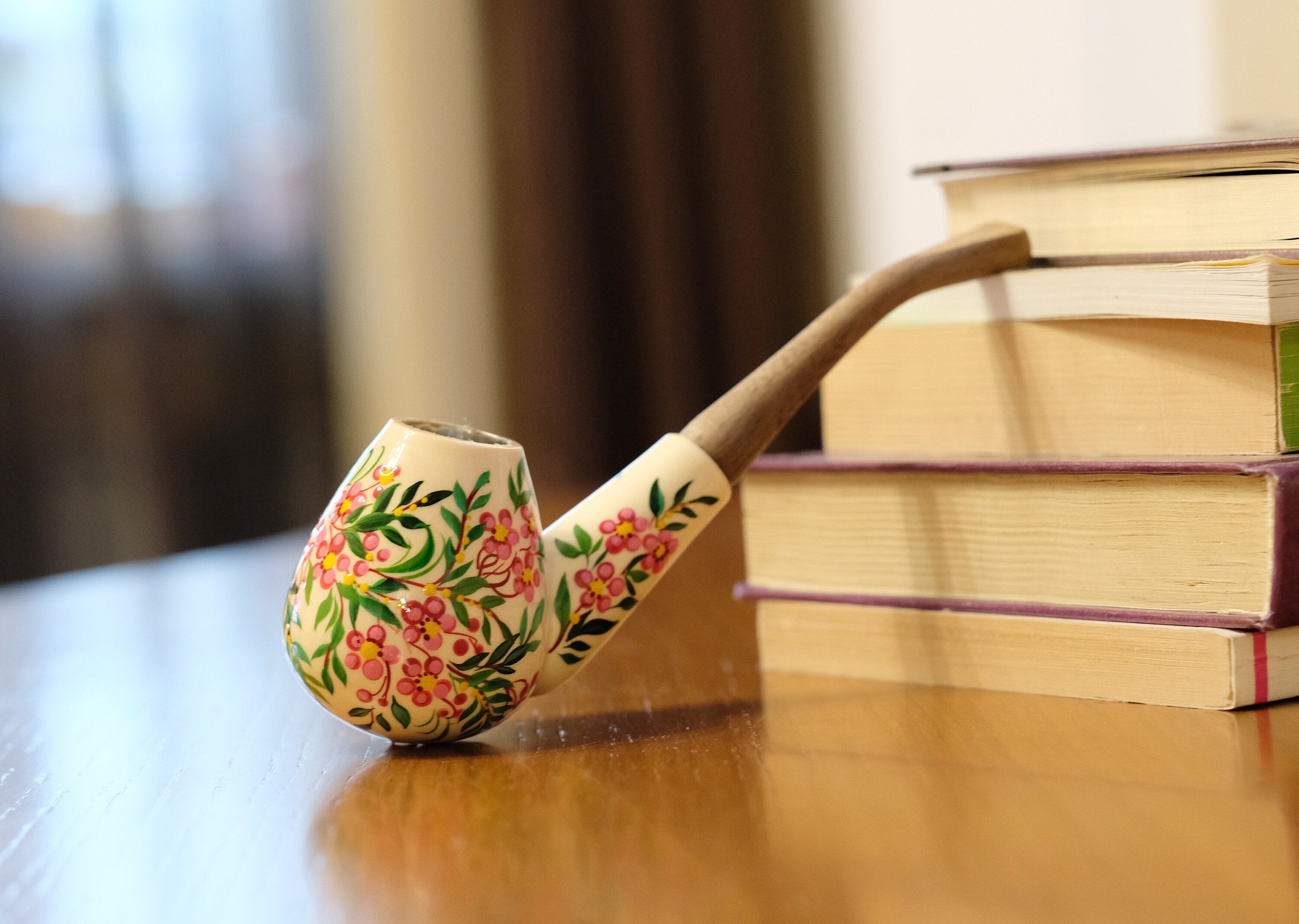 Wooden Tobacco Smoking Pipe - Painted Cherry Blossom Pipe with Ukrainian Folk Art Petrykivka