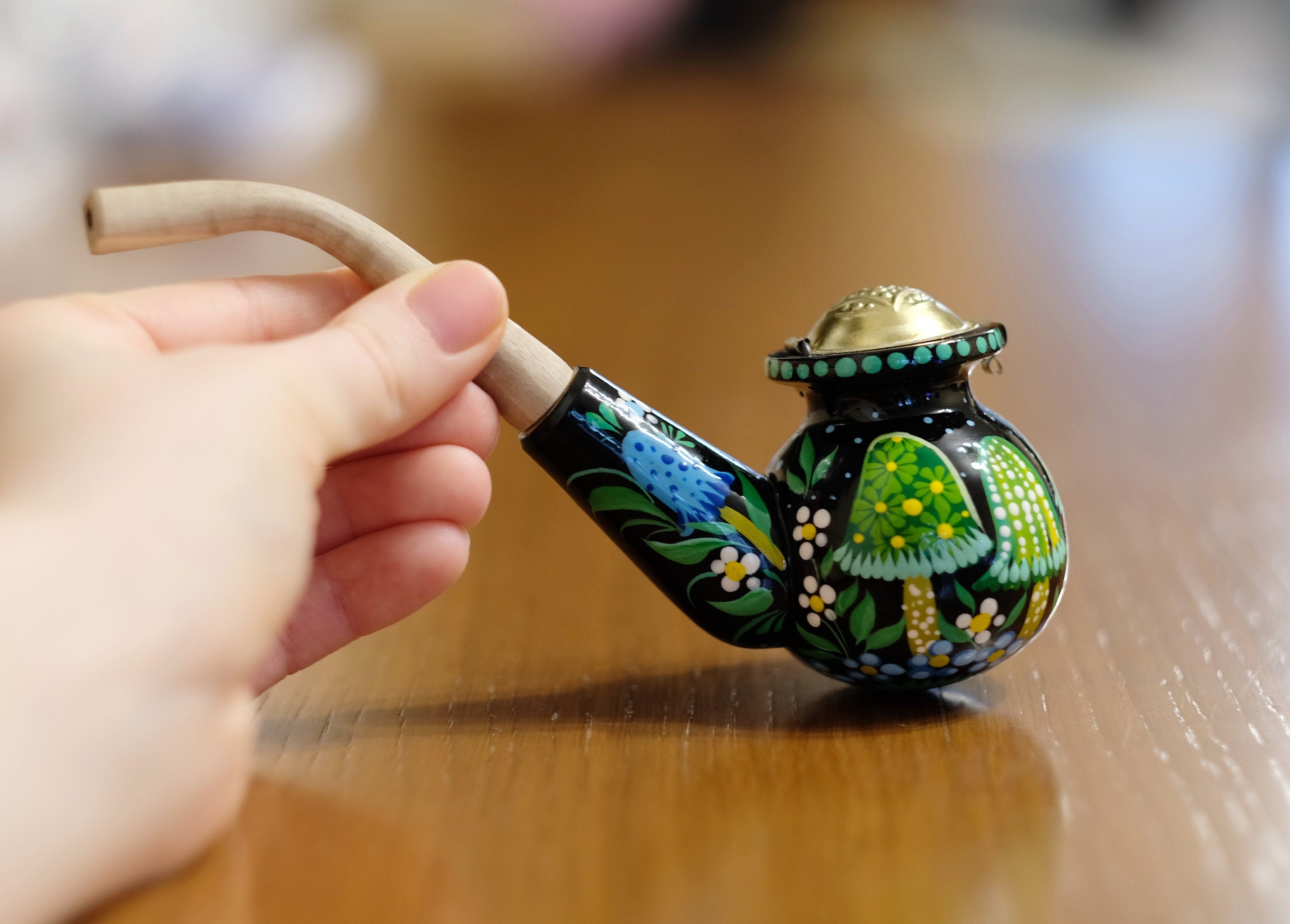 Wooden Mushroom Smoking Pipe with Lid - Ukrainian Folk Art Petrykivka Tobacco Pipe