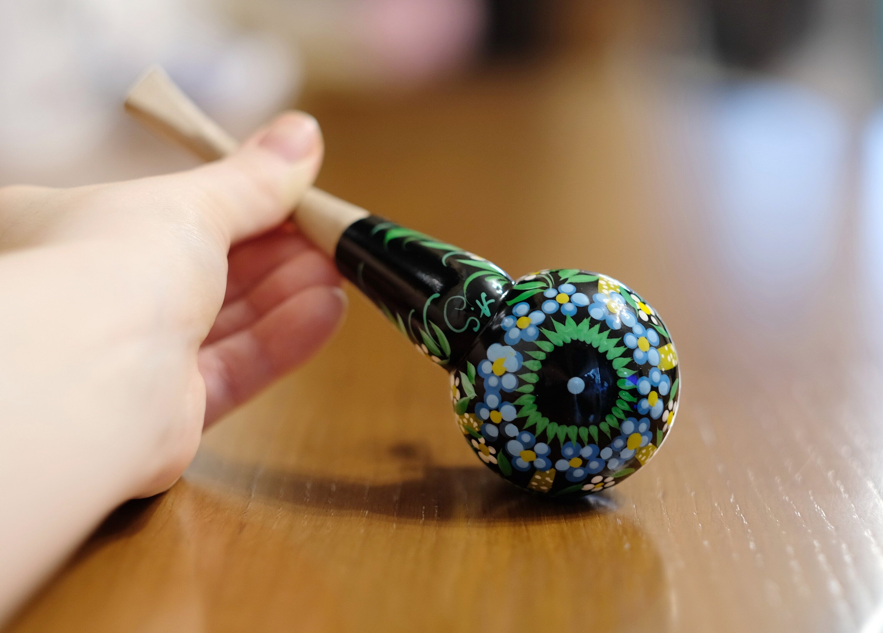 Wooden Mushroom Smoking Pipe with Lid - Ukrainian Folk Art Petrykivka Tobacco Pipe