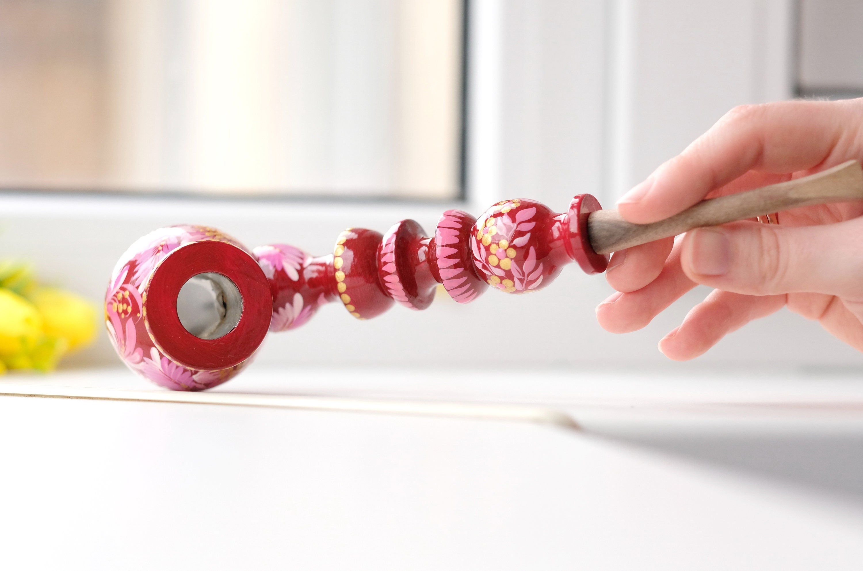 Painted Wooden Smoking Pipe with Ukrainian Folk Art Petrykivka - Pink Flower Tobacco Pipe