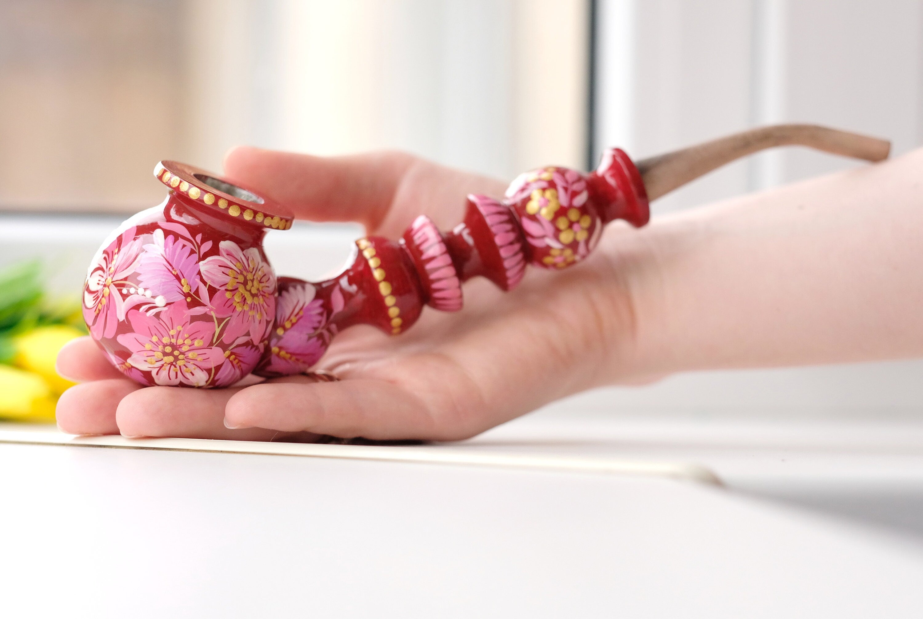 Painted Wooden Smoking Pipe with Ukrainian Folk Art Petrykivka - Pink Flower Tobacco Pipe
