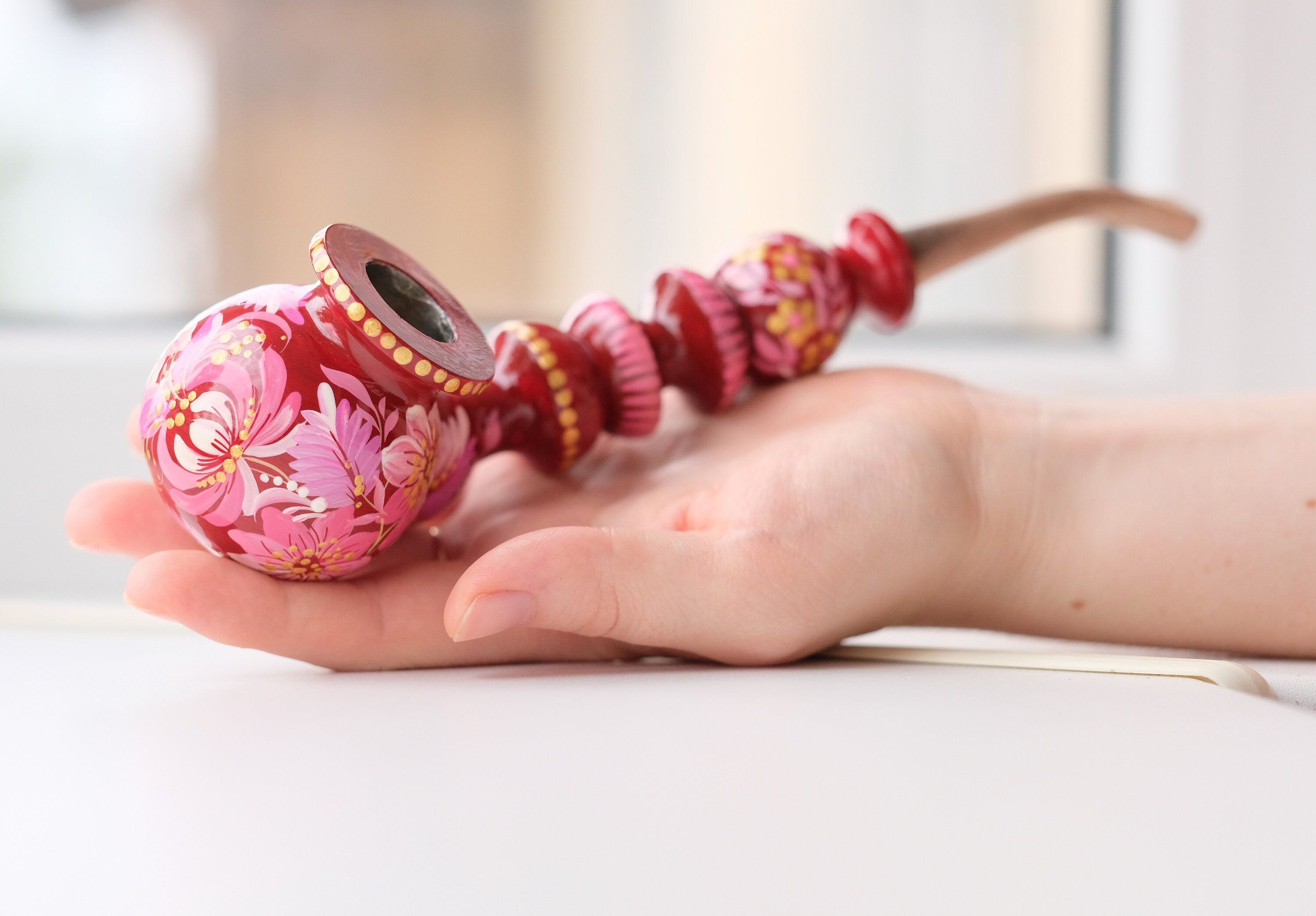 Painted Wooden Smoking Pipe with Ukrainian Folk Art Petrykivka - Pink Flower Tobacco Pipe