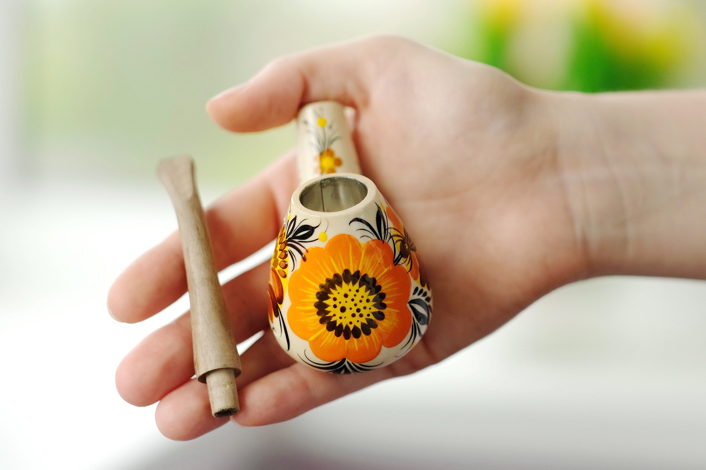 Wooden Tobacco Smoking Pipe - Hand-painted Sunflower Pipe with Ukrainian Folk Art Petrykivka