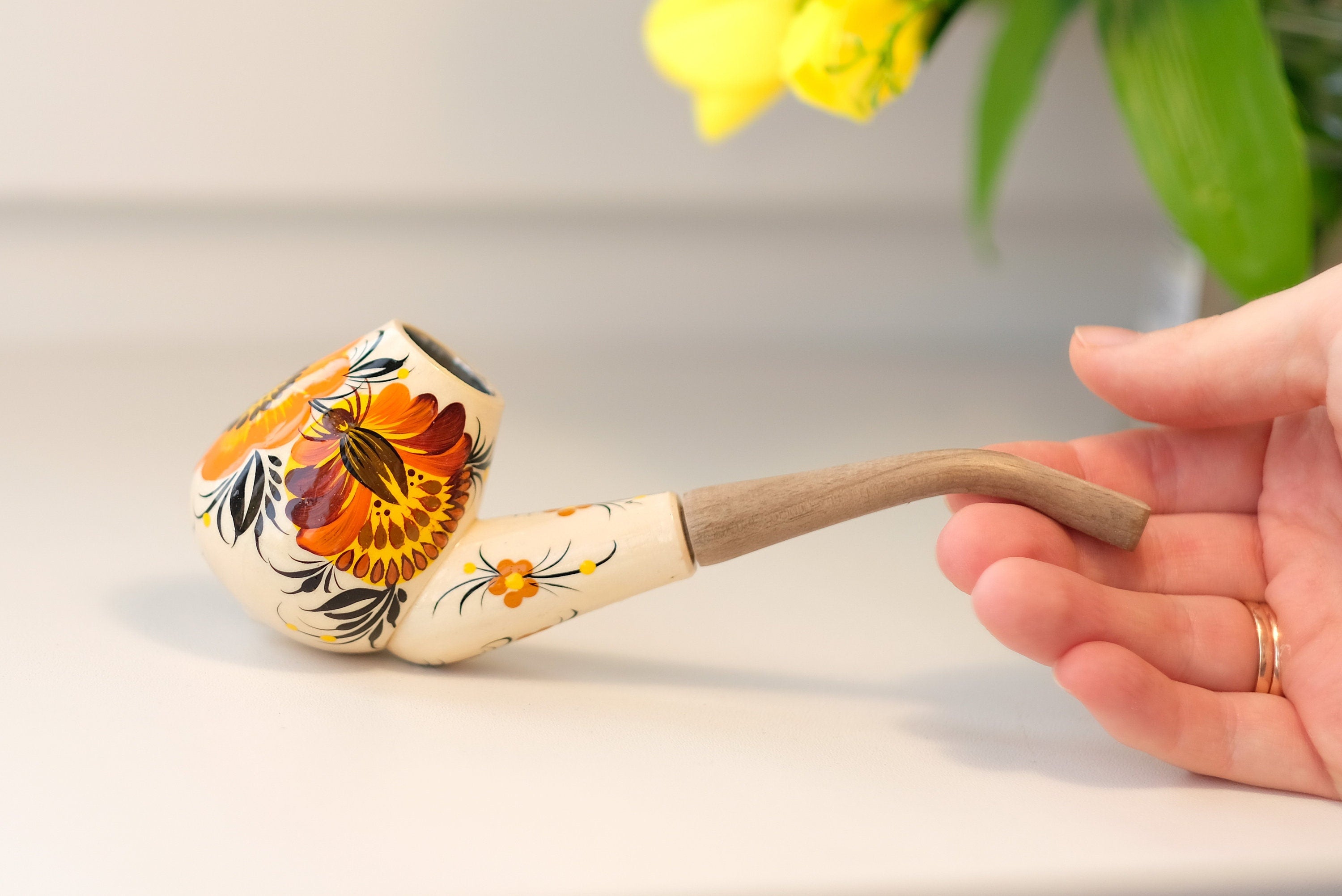 Wooden Tobacco Smoking Pipe - Hand-painted Sunflower Pipe with Ukrainian Folk Art Petrykivka