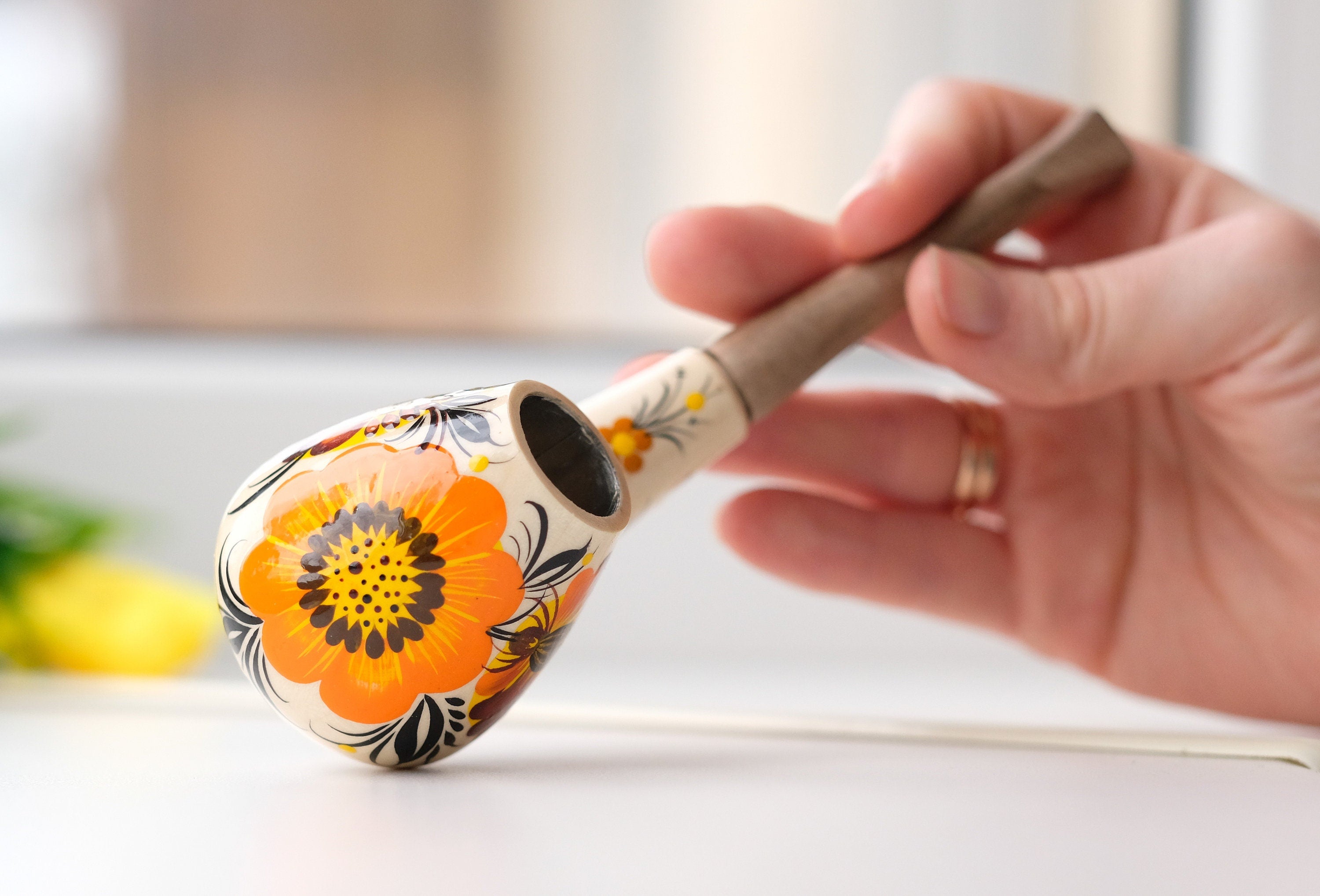 Wooden Tobacco Smoking Pipe - Hand-painted Sunflower Pipe with Ukrainian Folk Art Petrykivka