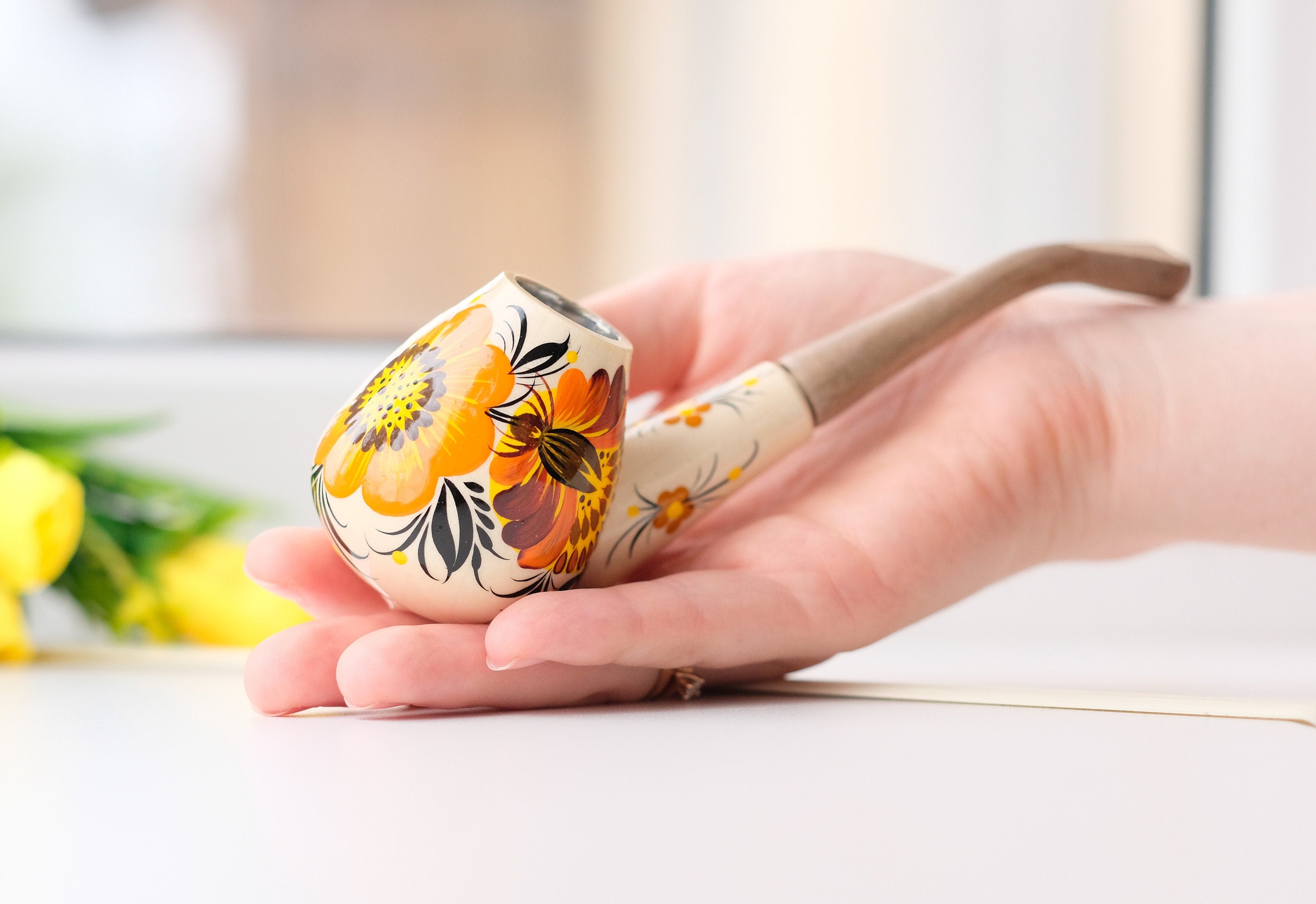 Wooden Tobacco Smoking Pipe - Hand-painted Sunflower Pipe with Ukrainian Folk Art Petrykivka