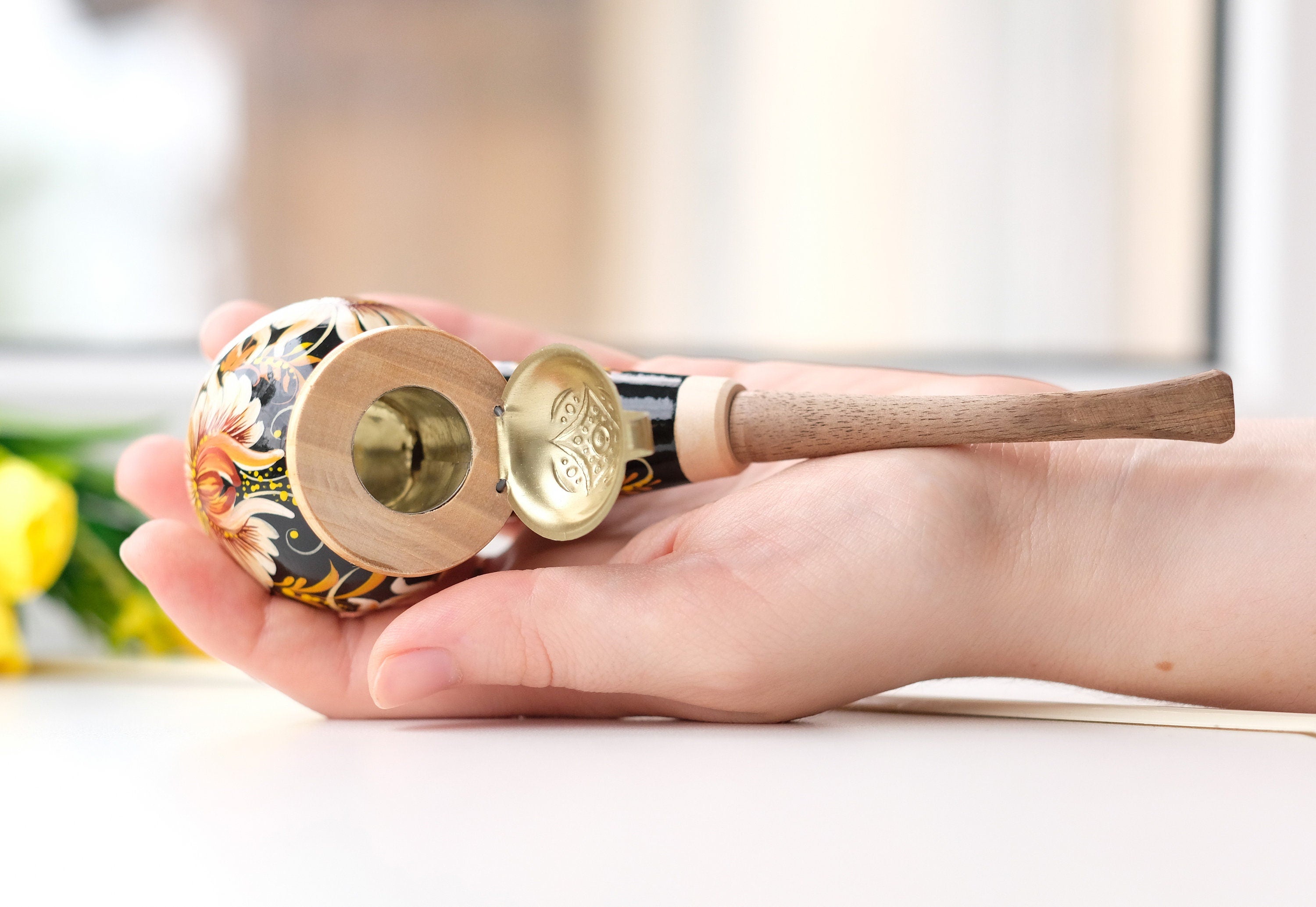Painted Wooden Smoking Pipe with Lid - Beige Flower Tobacco Pipe with Ukrainian Folk Art Petrykivka