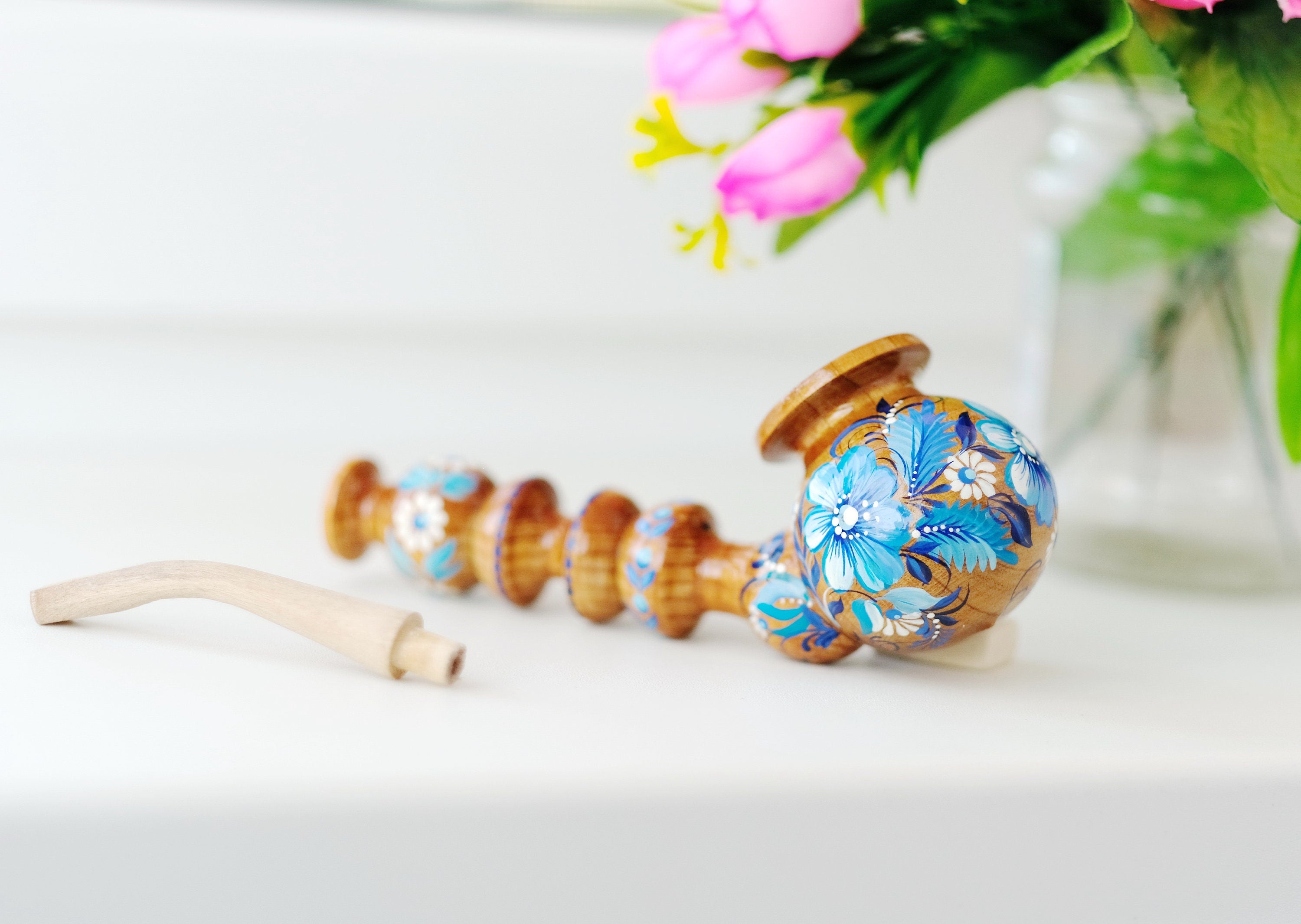 Painted Wooden Smoking Pipe with Ukrainian Folk Art Petrykivka - Blue Flower Tobacco Pipe