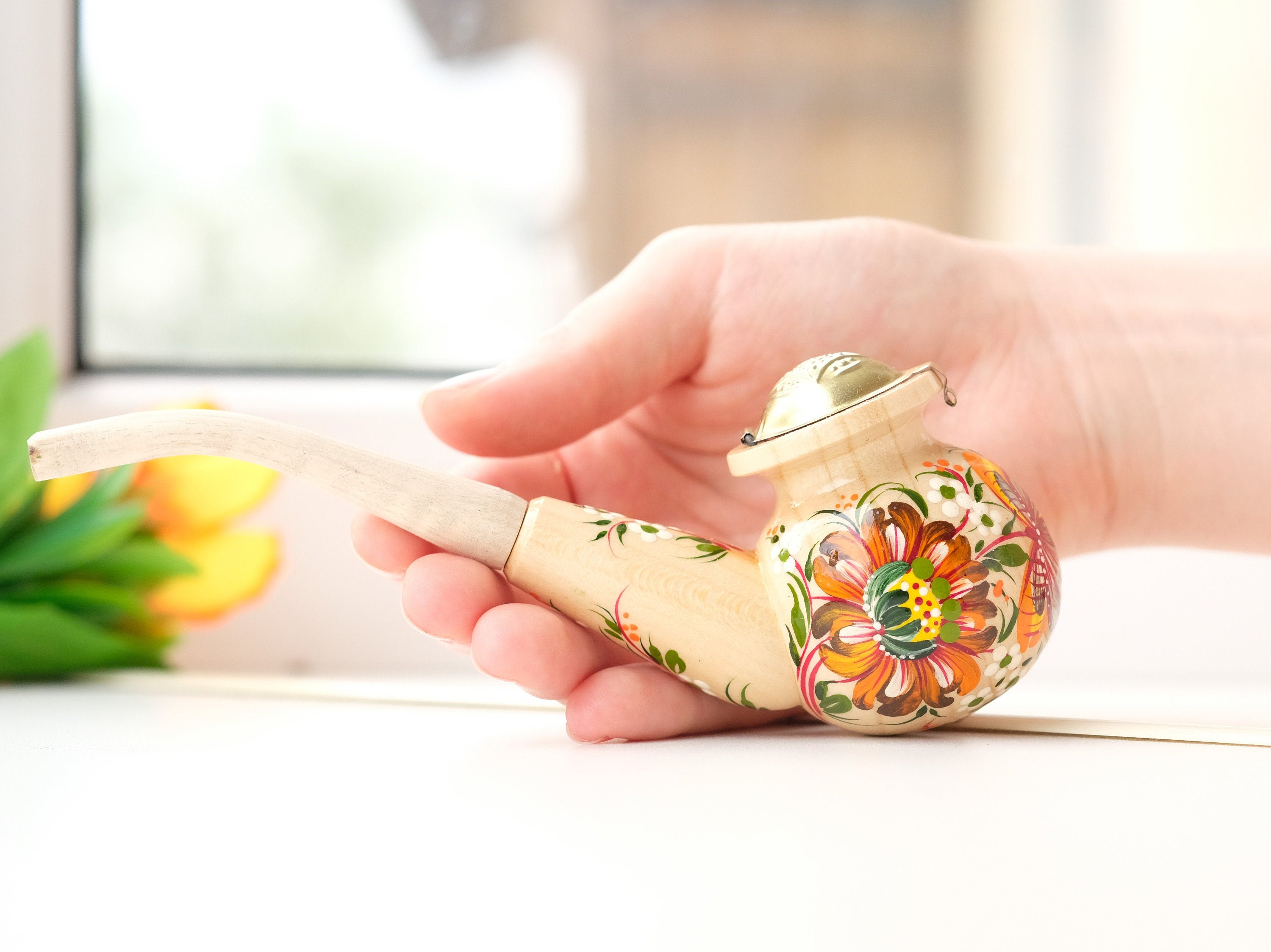 Painted Wooden Smoking Pipe with Lid - Ukrainian Folk Art Petrykivka Tobacco Pipe