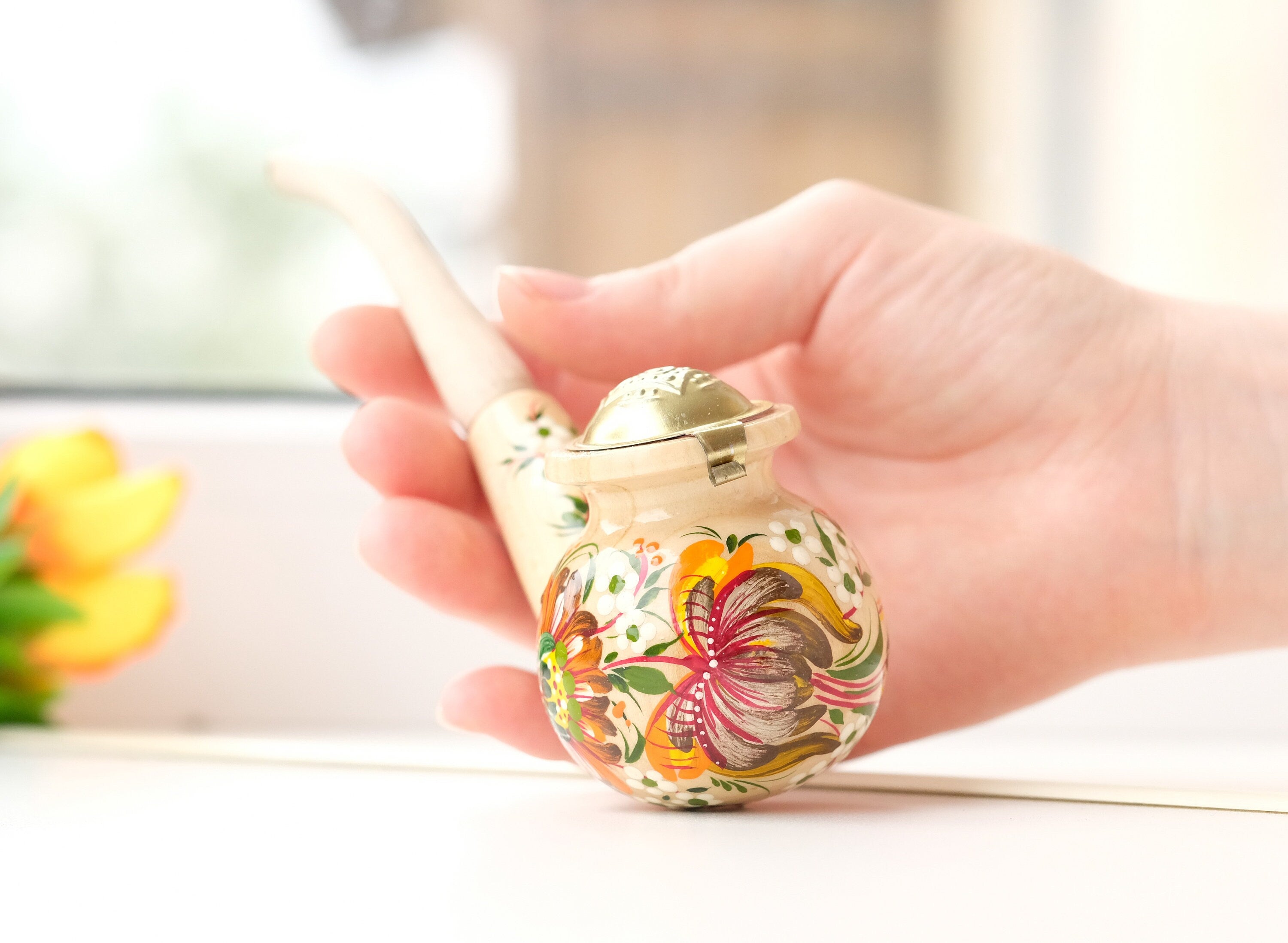 Painted Wooden Smoking Pipe with Lid - Ukrainian Folk Art Petrykivka Tobacco Pipe