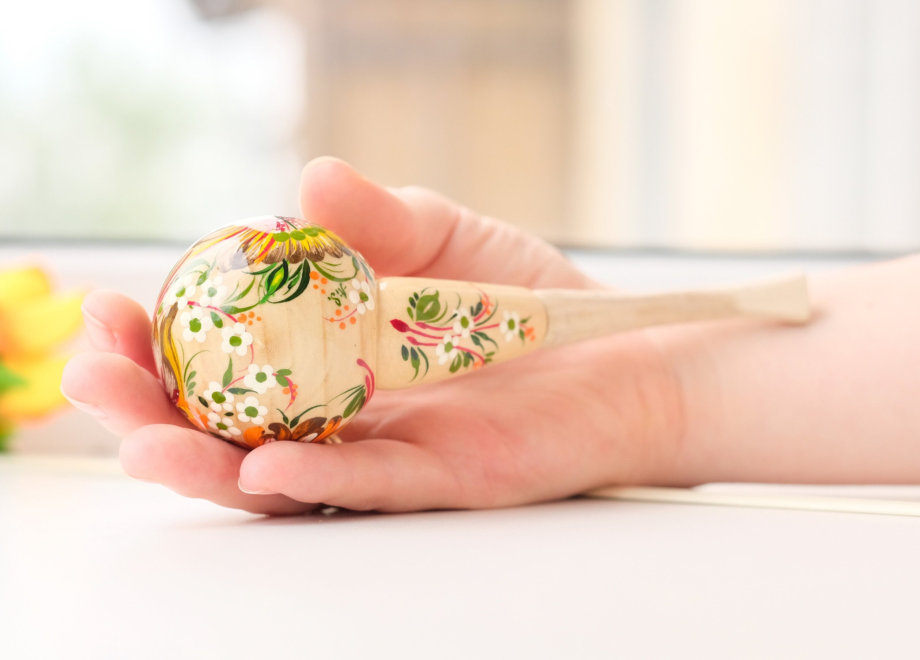 Painted Wooden Smoking Pipe with Lid - Ukrainian Folk Art Petrykivka Tobacco Pipe