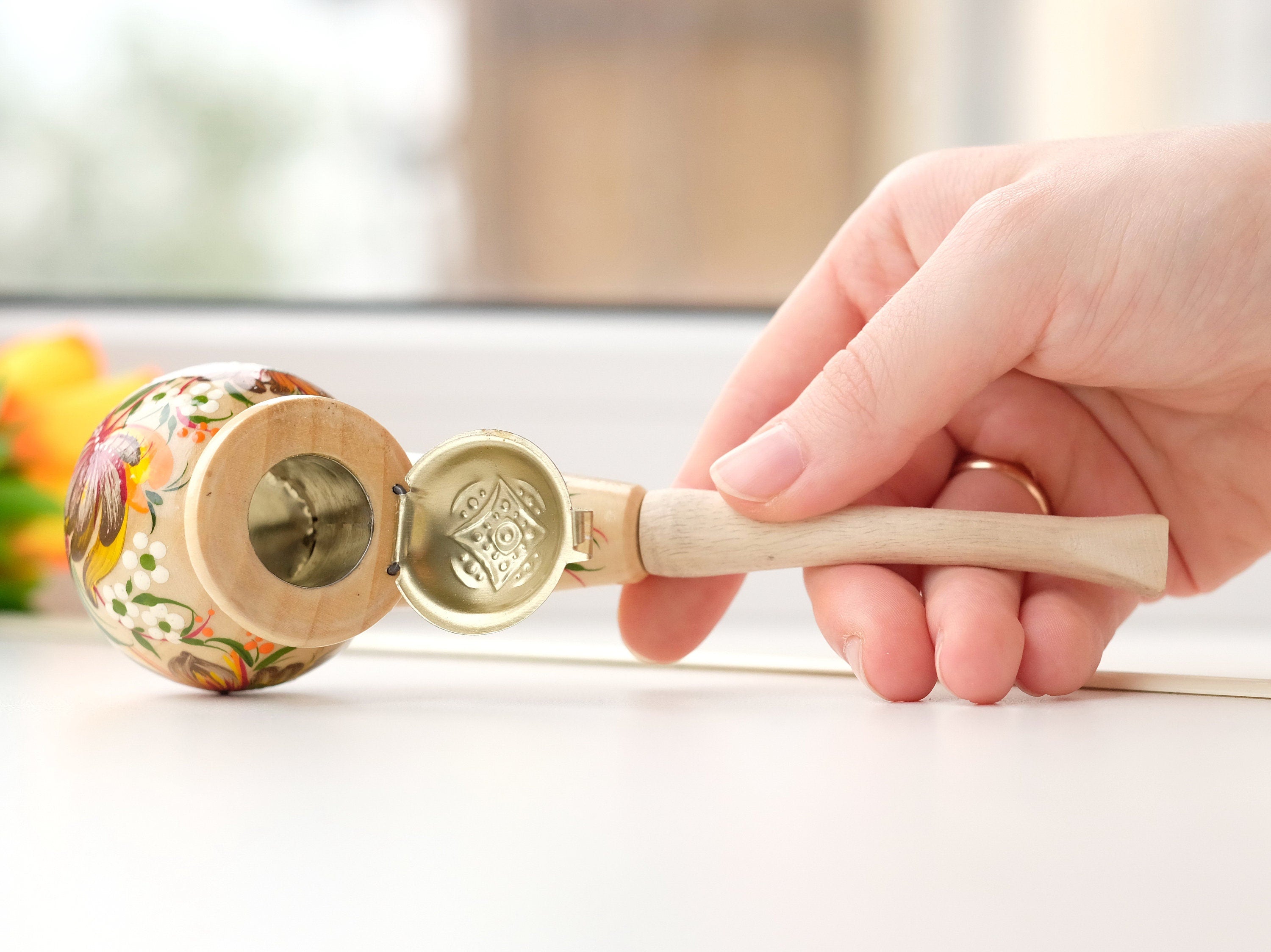 Painted Wooden Smoking Pipe with Lid - Ukrainian Folk Art Petrykivka Tobacco Pipe