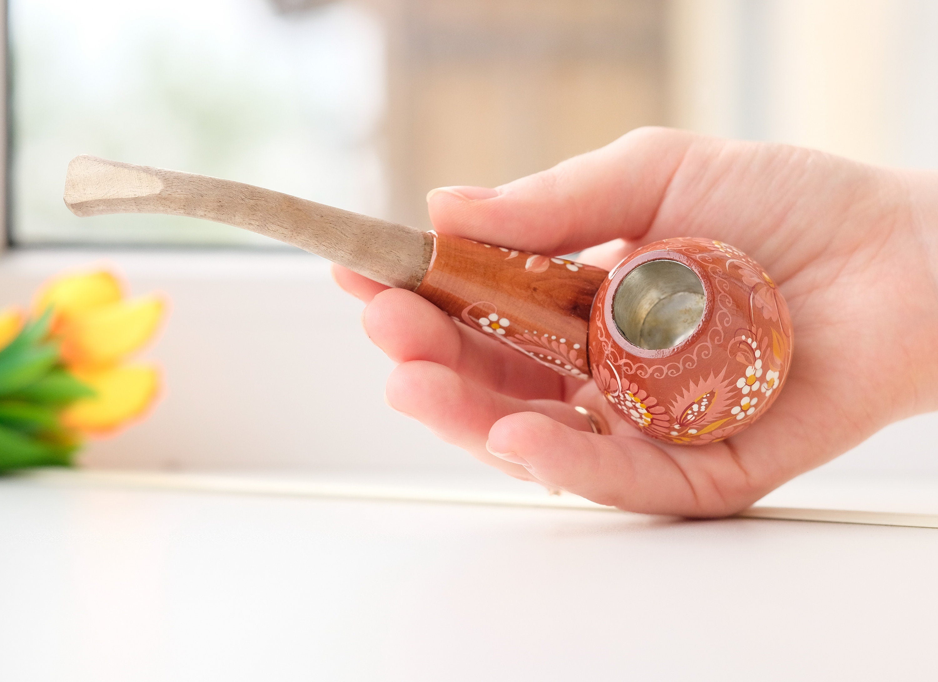 Small Painted Wooden Smoking Pipe - Beige Flower Tobacco pipe with Ukrainian Folk Art Petrykivka