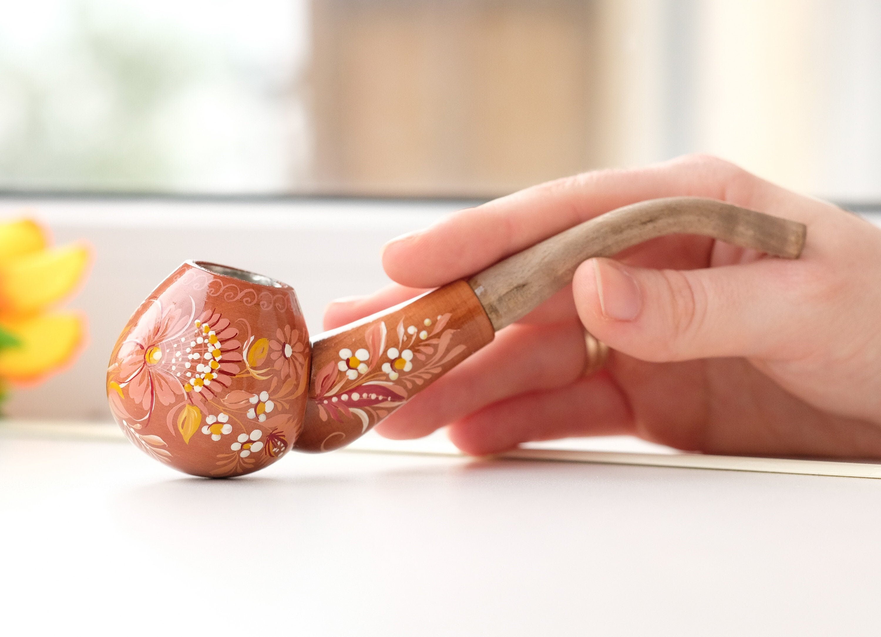 Small Painted Wooden Smoking Pipe - Beige Flower Tobacco pipe with Ukrainian Folk Art Petrykivka
