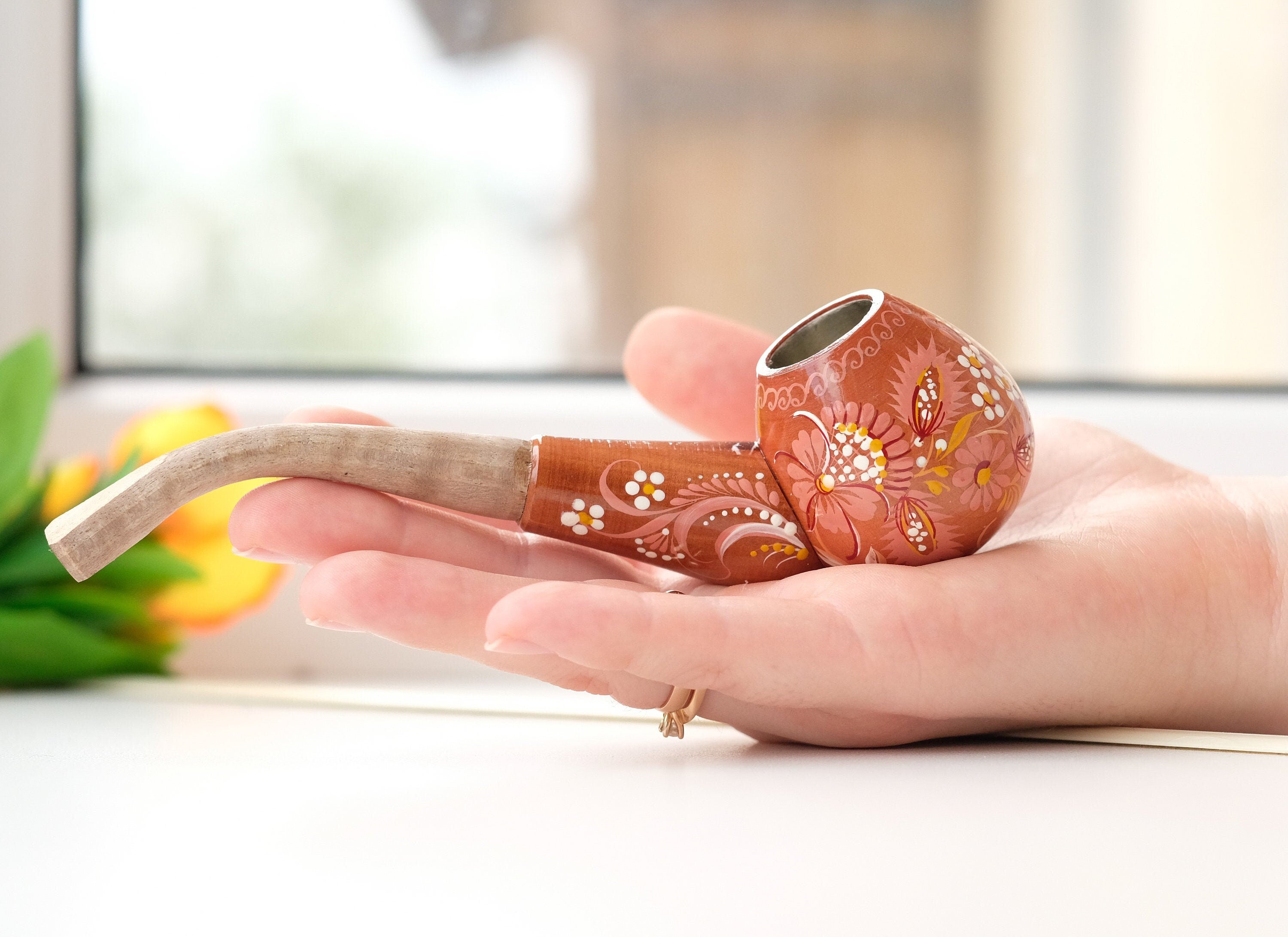 Small Painted Wooden Smoking Pipe - Beige Flower Tobacco pipe with Ukrainian Folk Art Petrykivka
