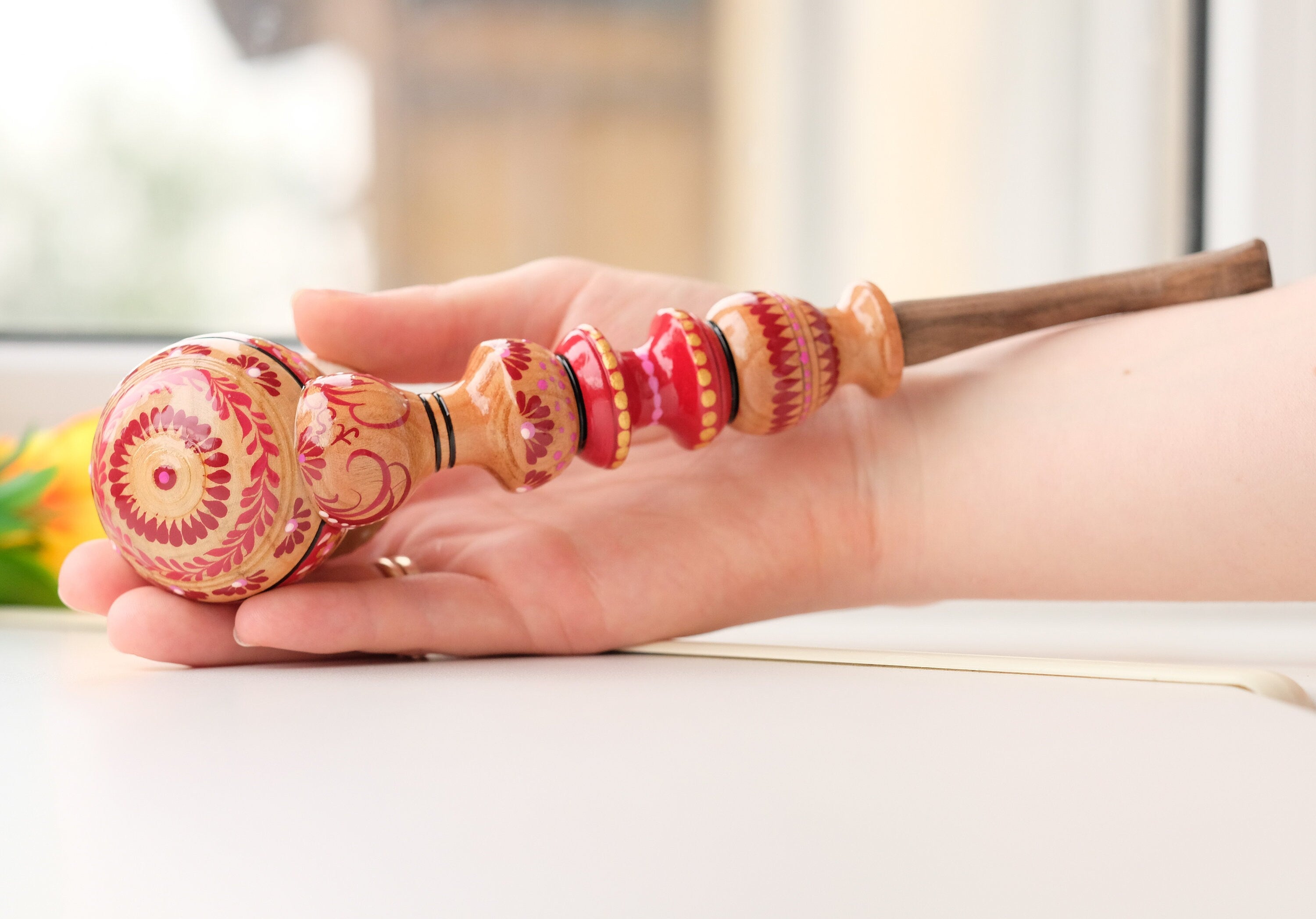 Painted Wooden Smoking Pipe with Ukrainian Folk Art Petrykivka - Red Flower Tobacco Pipe