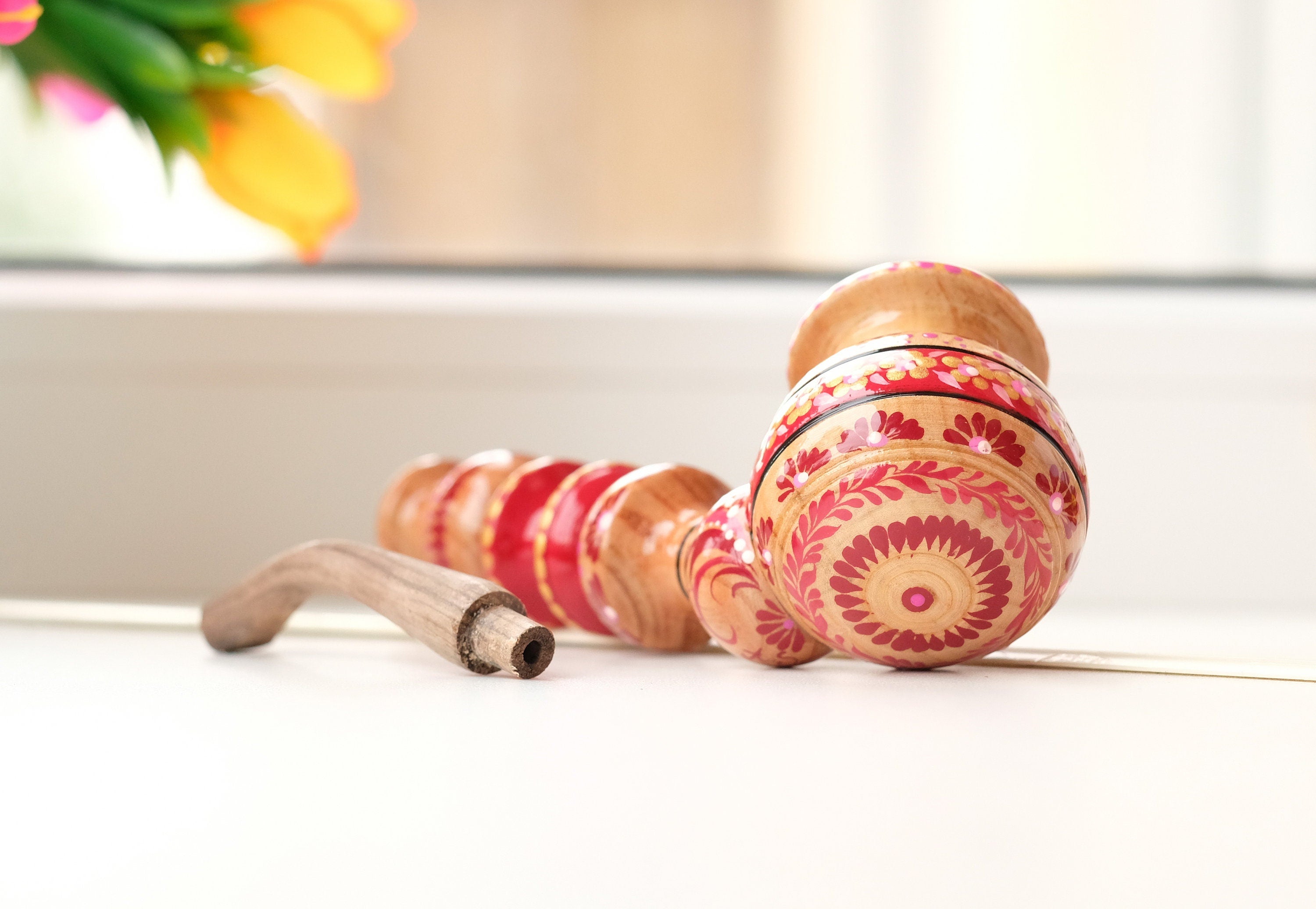 Painted Wooden Smoking Pipe with Ukrainian Folk Art Petrykivka - Red Flower Tobacco Pipe