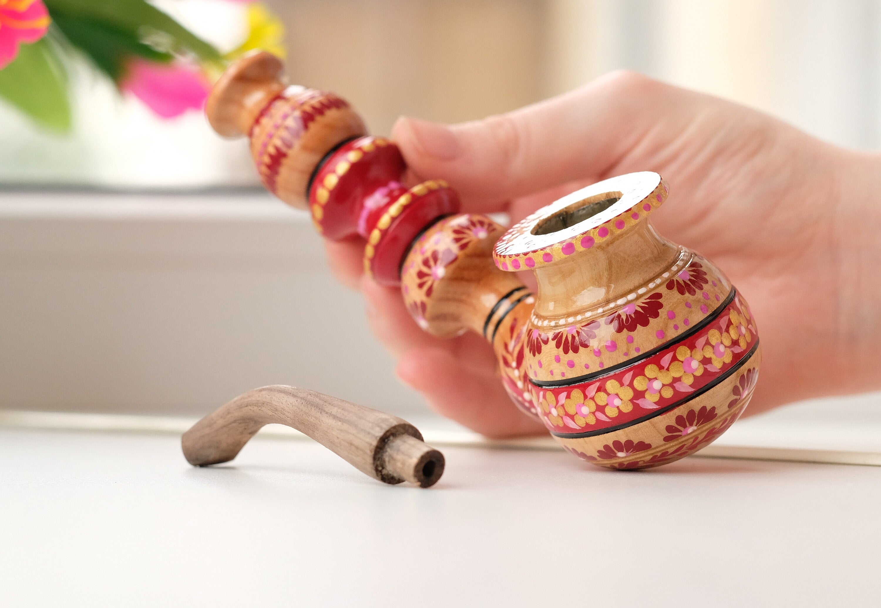 Painted Wooden Smoking Pipe with Ukrainian Folk Art Petrykivka - Red Flower Tobacco Pipe