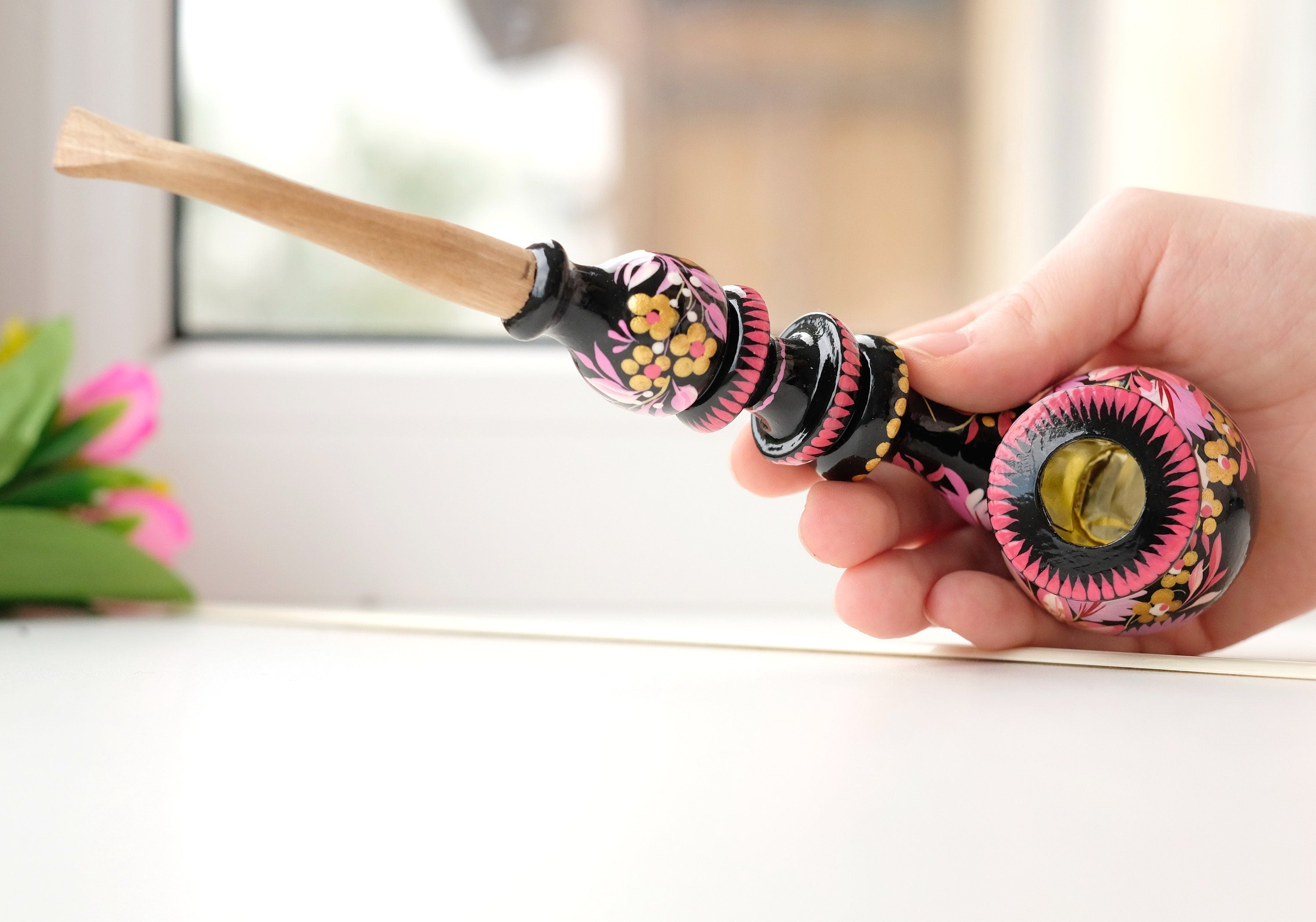 Personalized Painted Smoking Pipe with Ukrainian Folk Art Petrykivka - Wooden Pink Flower Tobacco Pipe