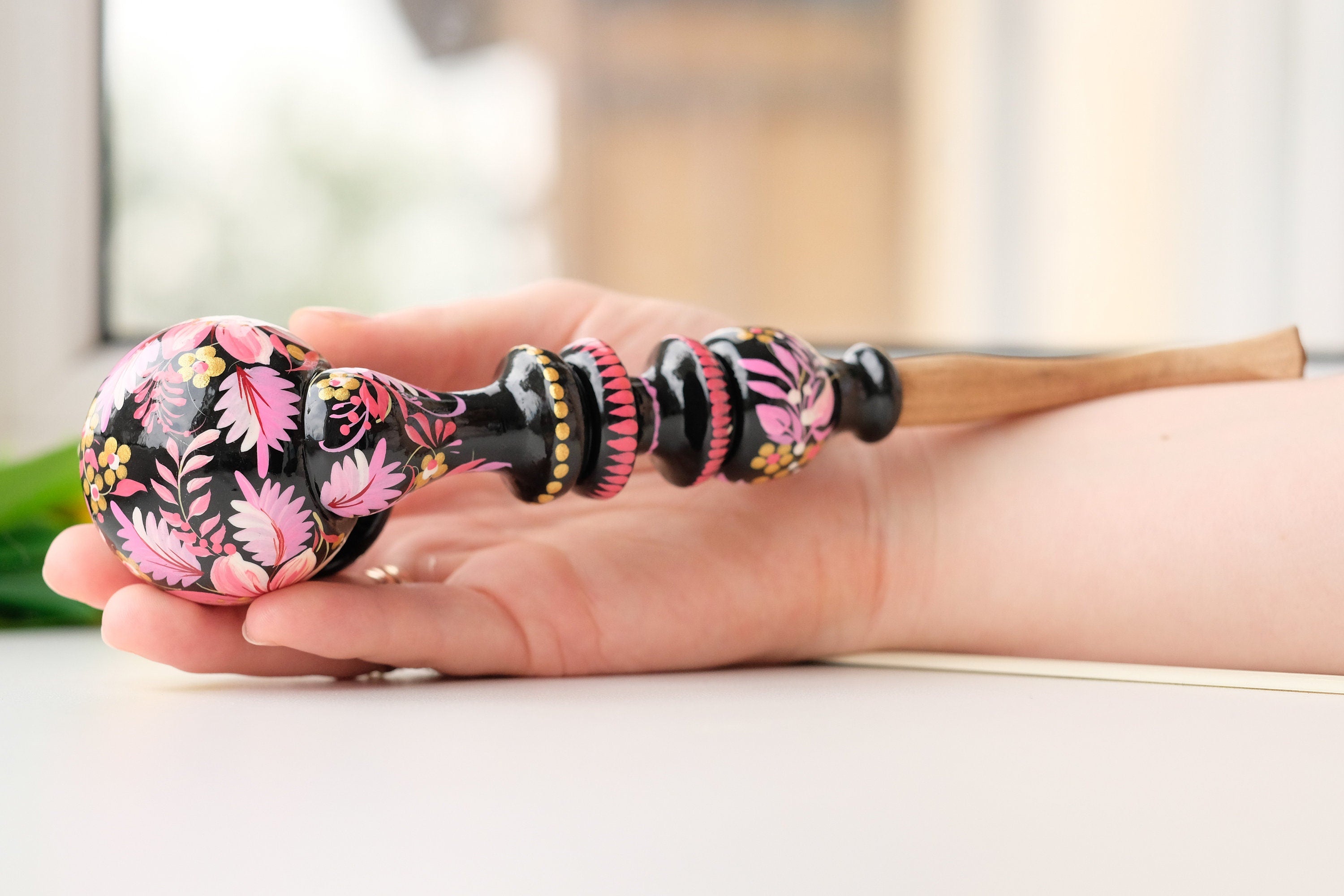 Personalized Painted Smoking Pipe with Ukrainian Folk Art Petrykivka - Wooden Pink Flower Tobacco Pipe