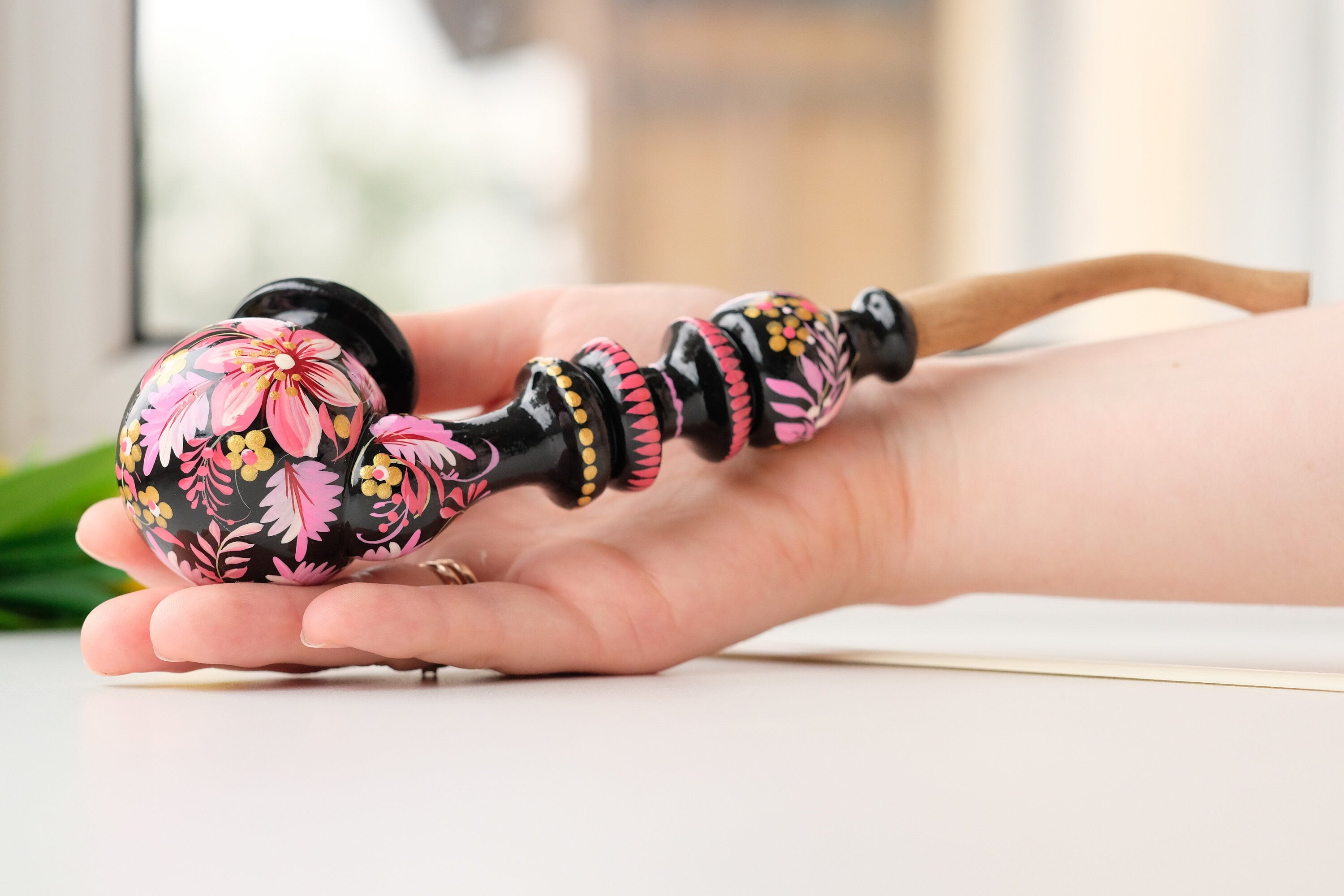 Personalized Painted Smoking Pipe with Ukrainian Folk Art Petrykivka - Wooden Pink Flower Tobacco Pipe