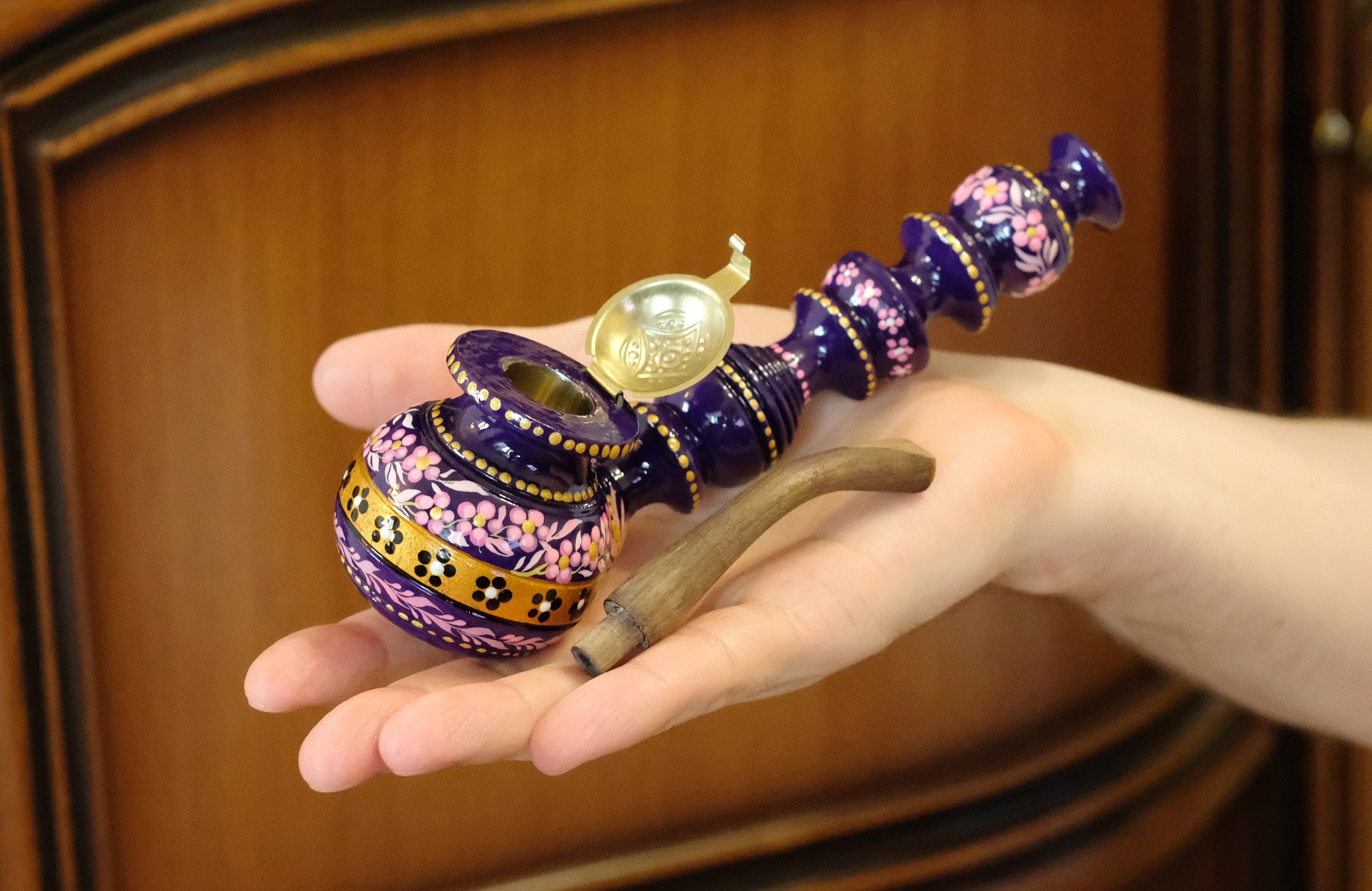 Painted Wooden Smoking Pipe with Lid - Cherry Blossom Tobacco Pipe - Ukrainian Folk Art Petrykivka