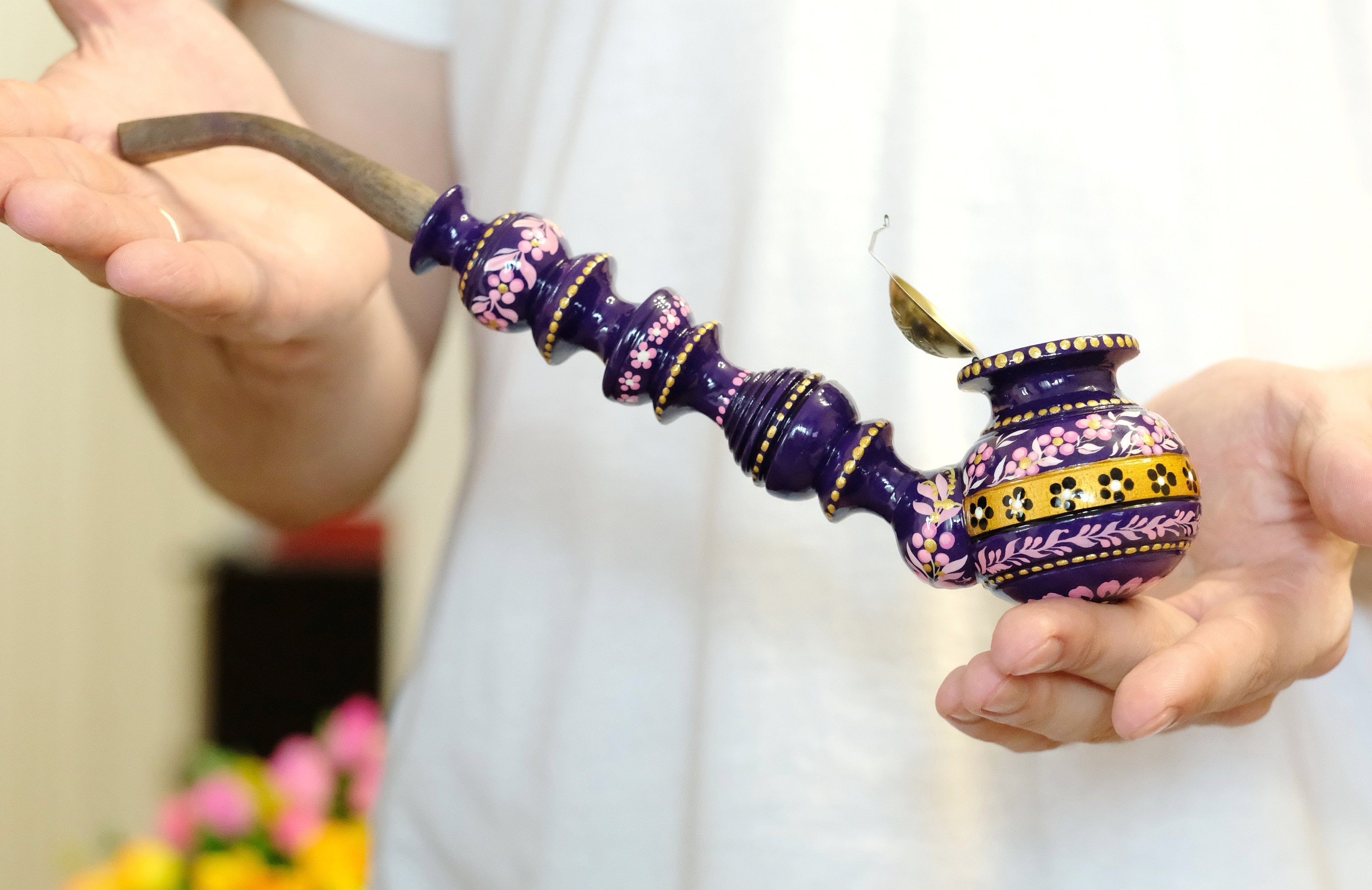 Painted Wooden Smoking Pipe with Lid - Cherry Blossom Tobacco Pipe - Ukrainian Folk Art Petrykivka