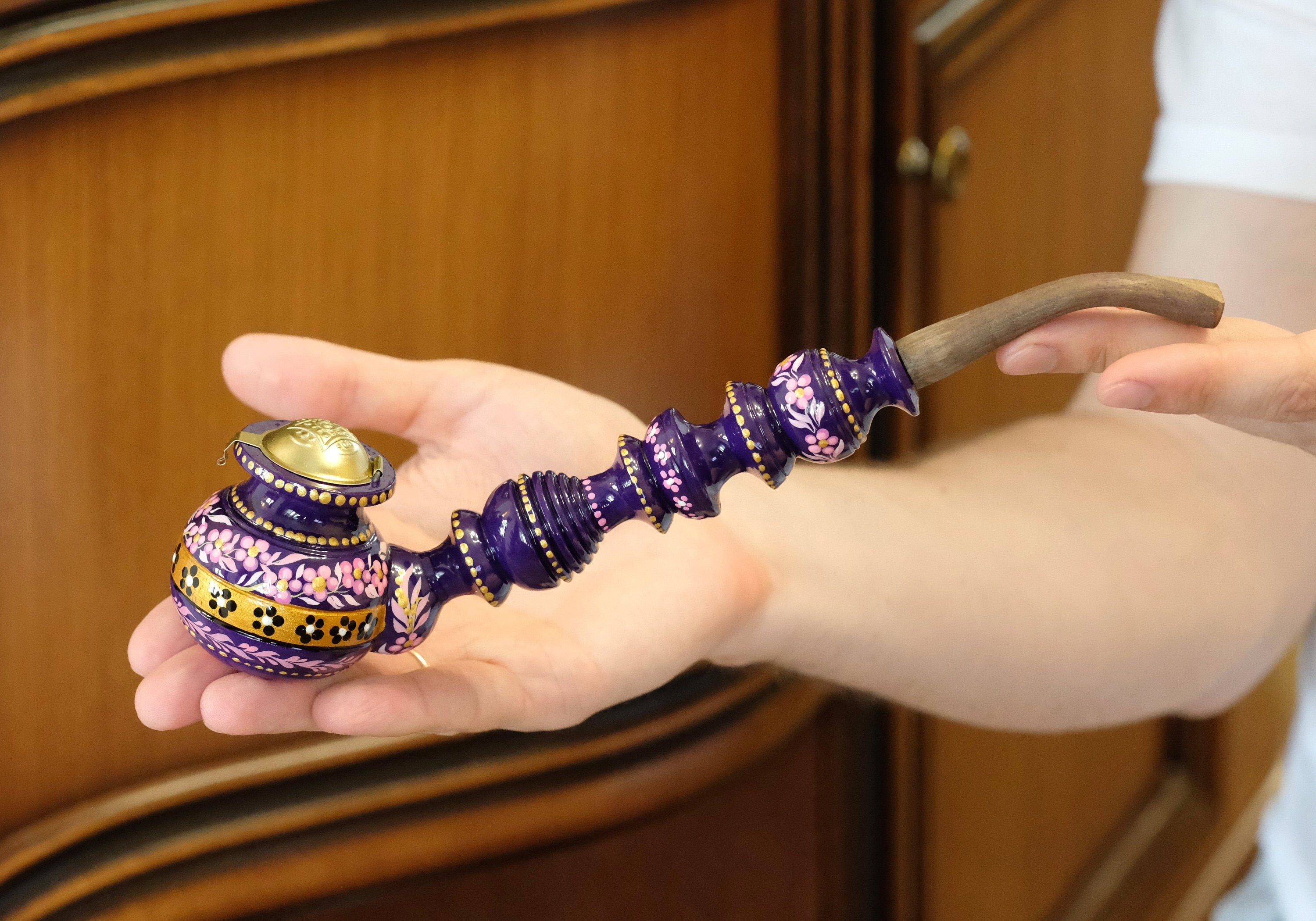 Painted Wooden Smoking Pipe with Lid - Cherry Blossom Tobacco Pipe - Ukrainian Folk Art Petrykivka
