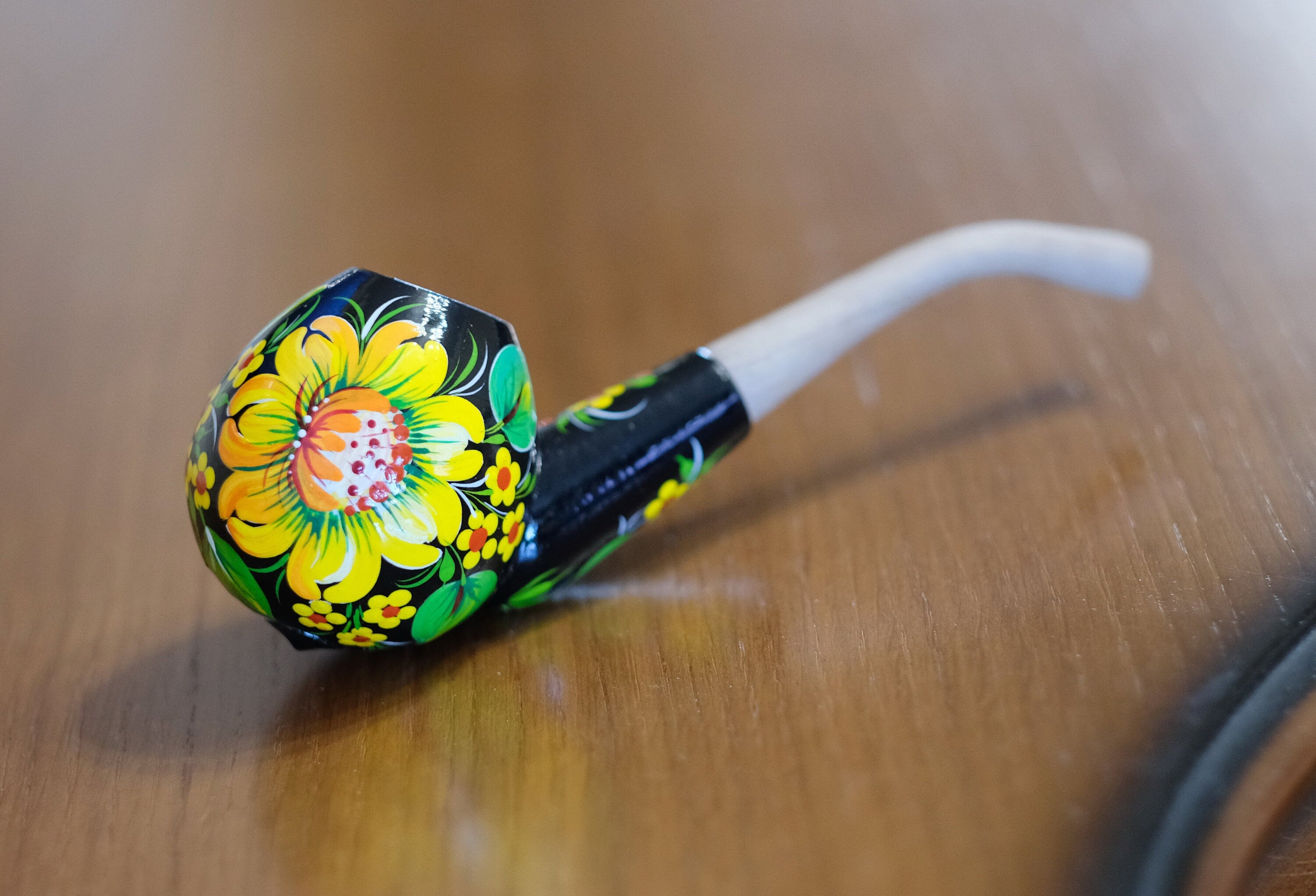 Sunflower Smoking Pipe - Hand-painted Wooden Tobacco Pipe with Ukrainian Folk Art Petrykivka